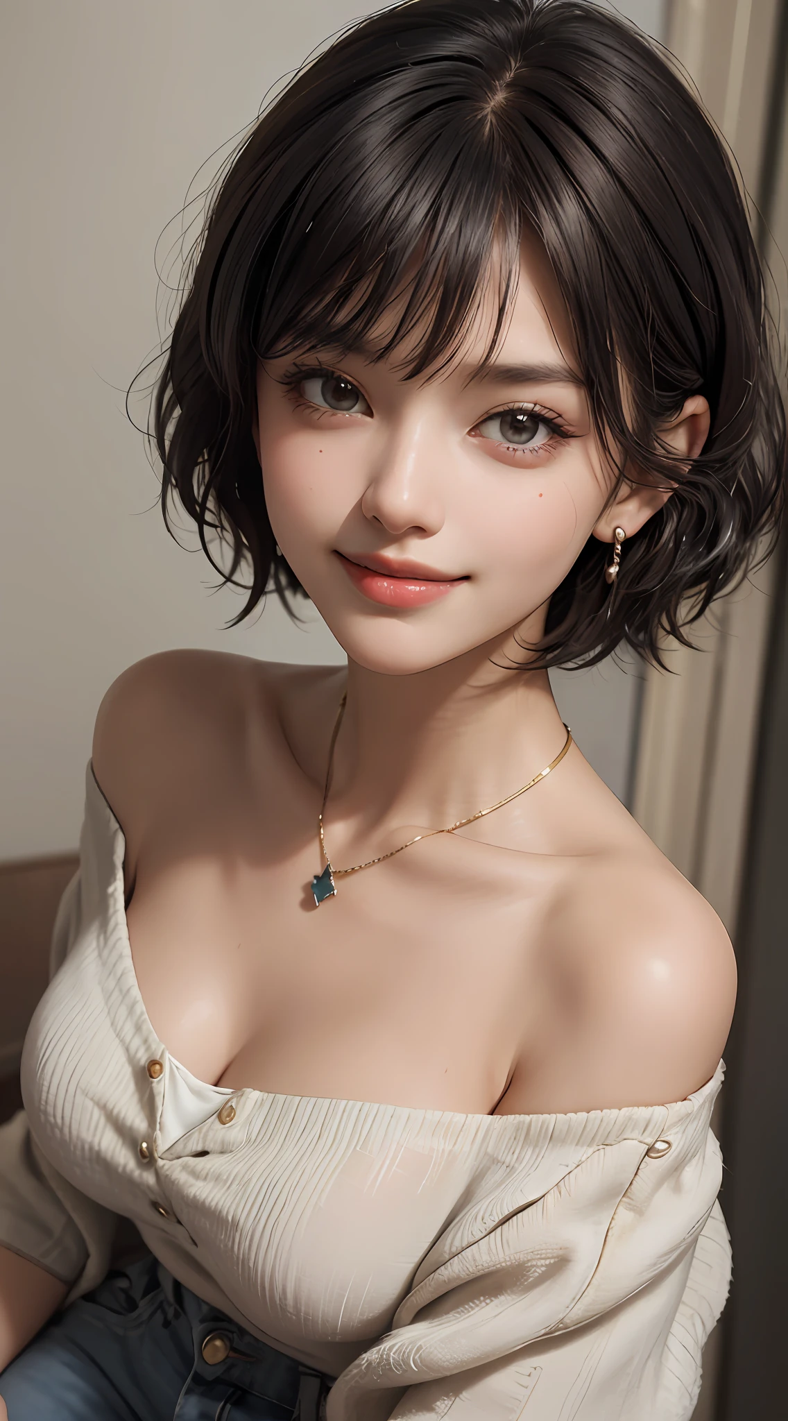 (top quality, 8k, masterpiece: 1.3), pretty woman with perfect figure: 1.4, dark brown hair, big, wearing pendants, torn shorts, sleeping in bedroom, very detailed face and skin, detailed eyes, double eyelids, top quality, masterpiece, (photorealistic: 1.4), one woman, golden ratio, high angle shot, upper eye care, low angle shot, perfect face, beautiful figure, cute face, face close-up, zoom in on face, short bob, short hair, smile from different angles, smile, gloss, highlight, gloss, glossy on skin, glossy on skin, wet skin, wet, bangs, cute smile, bust, off-shoulder, refreshing charm, elegant, perfect hands, smile from angle, smile, shiny, highlight, glossy skin, bangs, bust, big, Warm off-shoulder, refreshing charm, ears out, gaze to the camera, poses at different angles