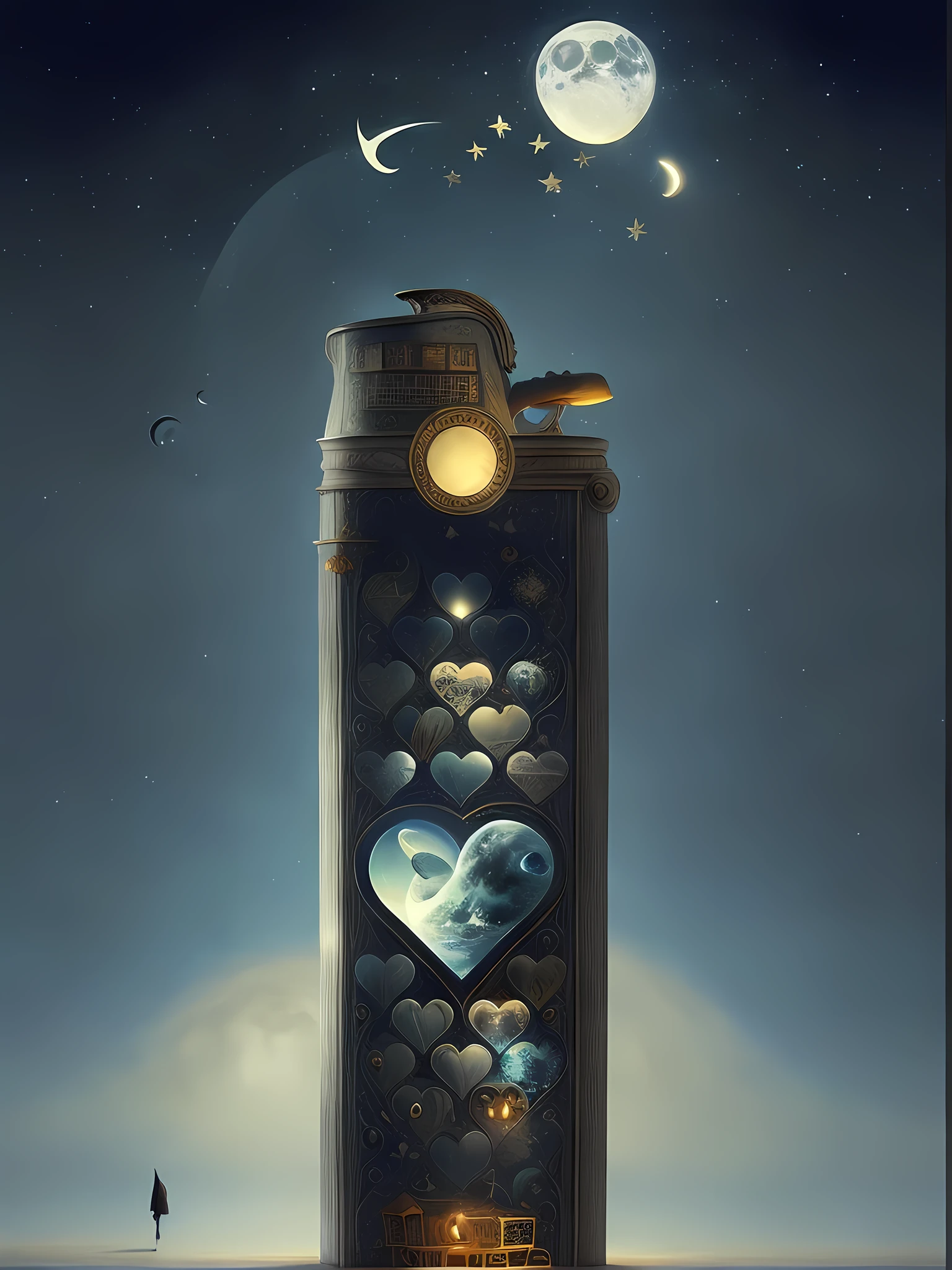 There is a lighter with crescent moon and stars, dreamy and detailed, teapot, secret tea house, on the moon, whimsical art, by Neil Glein, Anne Stegerard, gorgeous art, magic glass container graphics, magical shapes surrealism, beautifully illustrated, charming and otherworldly, ✨🕌🌙 moonlight fisheye illustrator