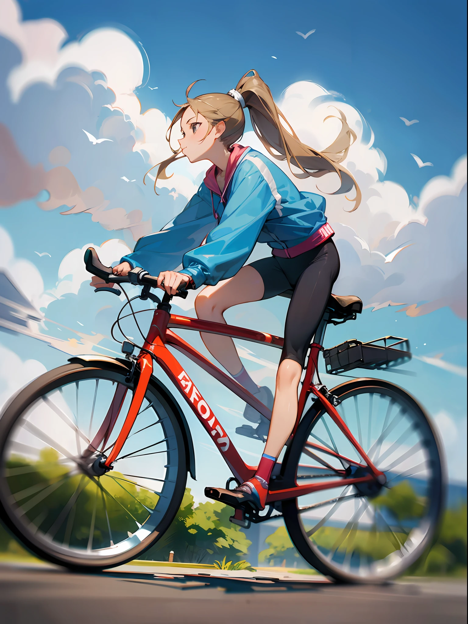 Masterpiece, of the best quality, a woman in a ponytail riding a bicycle, youthful vitality, riding in a hurry, Artie Guéran style