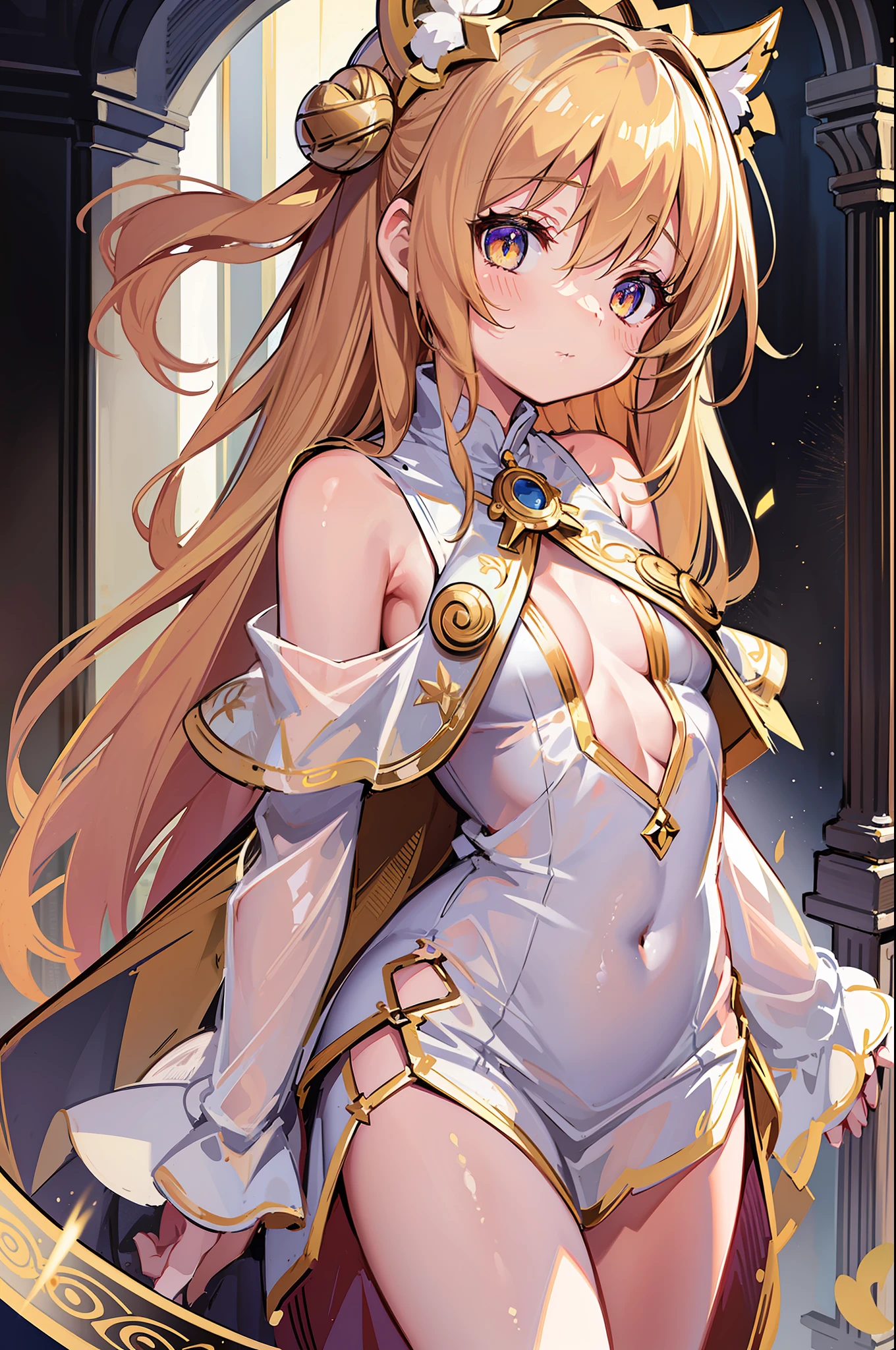 (MASTERPIECE), (Best Quality), (Ultra Detail), Official Art, One Girl, Golden Haired Loli, Petite Girl, Saint Lori, Priestess, White and Gold See-Through Dress, Sleeveless, Off Shoulder, Small, Small, Small, Cleavage, Underboob, Thigh Focus, Navel Out, Card Illustration, Temple