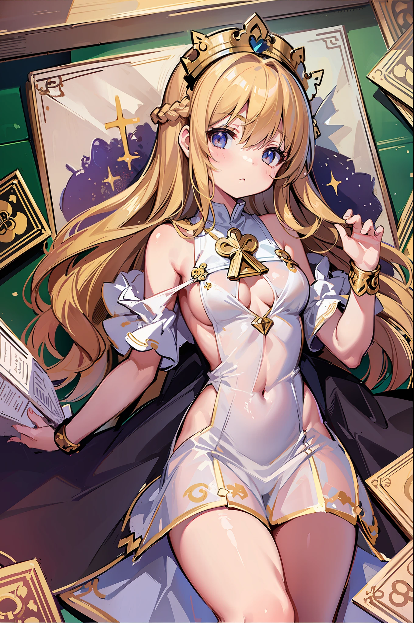 (MASTERPIECE), (Best Quality), (Ultra Detail), Official Art, One Girl, Golden Haired Loli, Petite Girl, Saint Lori, Priestess, White and Gold See-Through Dress, Sleeveless, Off Shoulder, Small, Small, Small, Cleavage, Underboob, Thigh Focus, Navel Out, Card Illustration, Temple