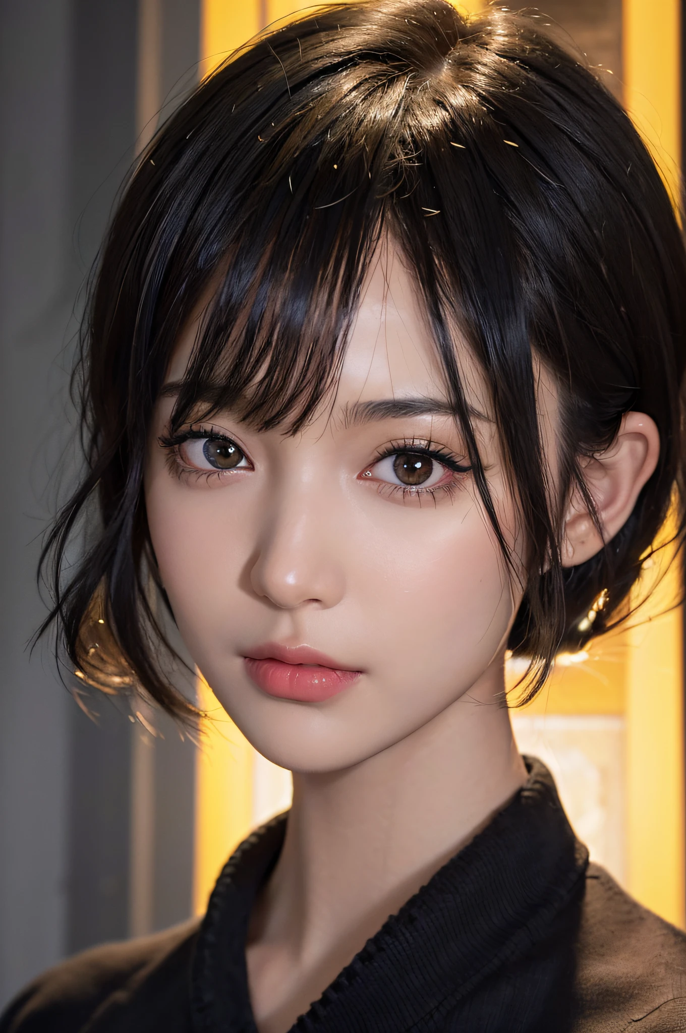 (masterpiece:1.3), (8k, photorealistic, RAW photo, best quality: 1.4), (1girl), beautiful face, (realistic face), (black hair, short hair:1.3), beautiful hairstyle, realistic eyes, beautiful detailed eyes, (realistic skin), beautiful skin, (sweater), absurdres, attractive, ultra high res, ultra realistic, highly detailed, golden ratio