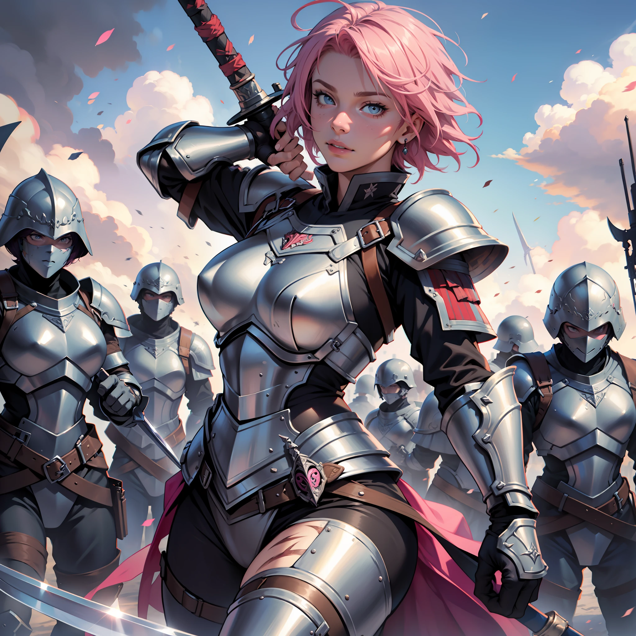 ((realistic: 1.5)),((best quality)), ((masterpiece)),((detailed)), army of warriors wearing armor, woman with pink hair in the center, short hair, armor, scarred by the body, holding sword up, battlefield