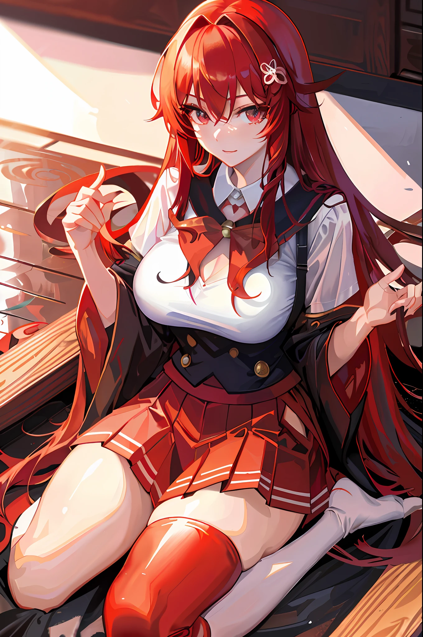 Masterpiece, rias gremory, best quality, 1girl, long hair, (((sexy))), (((realistic))), (((Curvilinear))), eyes bells, crimson red hair, straight hair, wavy hair, beautiful eyes, beautiful detailed shine, very bright, (((foxy girl))),(((Japanese school clothes)))), (skirt), (((uniform blouse))