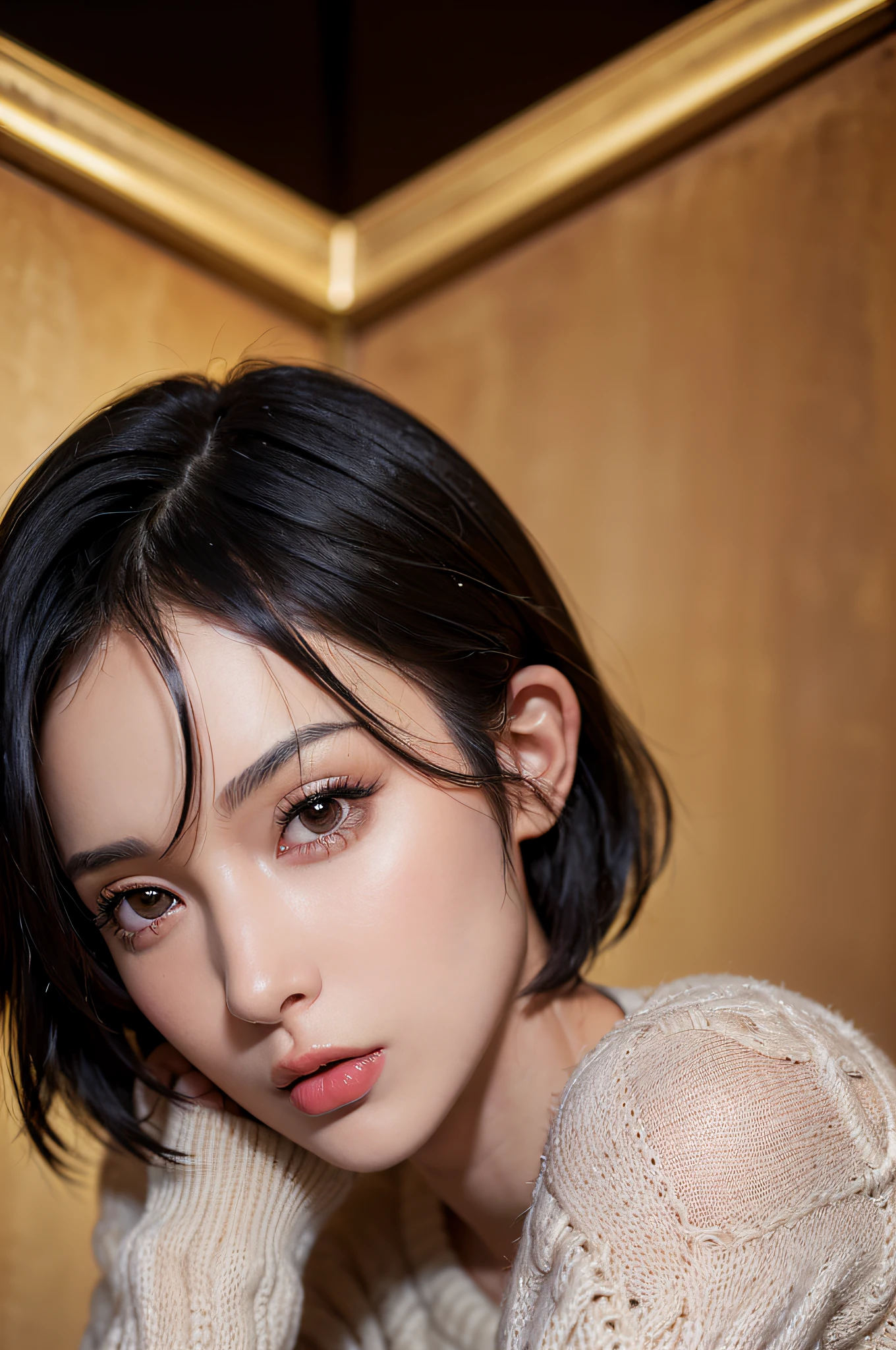 (masterpiece:1.3), (8k, photorealistic, RAW photo, best quality: 1.4), (1girl), beautiful face, (realistic face), (black hair, short hair:1.3), beautiful hairstyle, realistic eyes, beautiful detailed eyes, (realistic skin), beautiful skin, (sweater), absurdres, attractive, ultra high res, ultra realistic, highly detailed, golden ratio