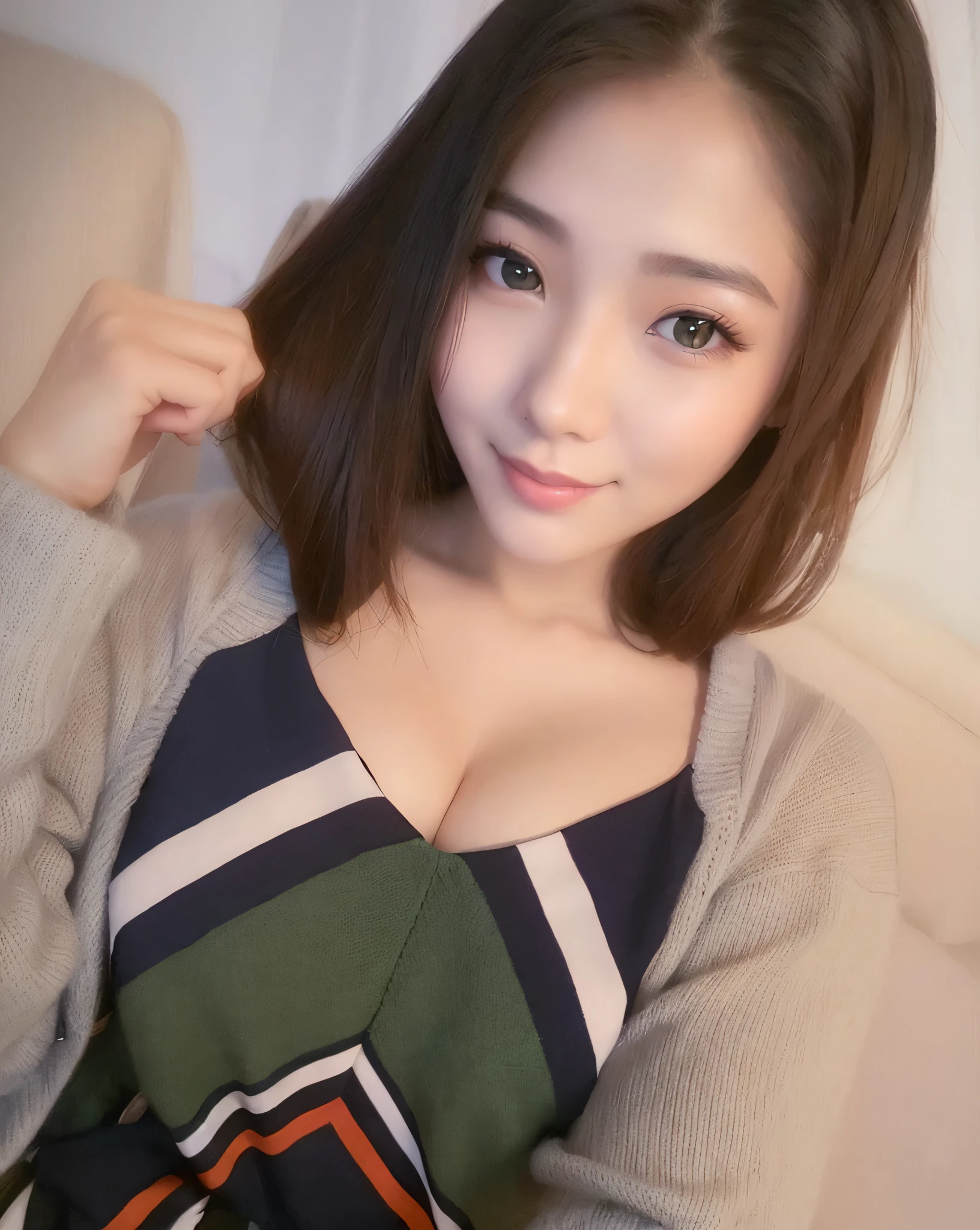 a close up of a woman with a sweater on posing for a picture, korean girl, gorgeous young korean woman, beautiful south korean woman, beautiful asian girl, cute seductive smile, young and cute girl, girl cute-fine-face, asian girl, sakimichan, attractive girl, open v chest clothes, beautiful young korean woman, lovely woman --auto --s2
