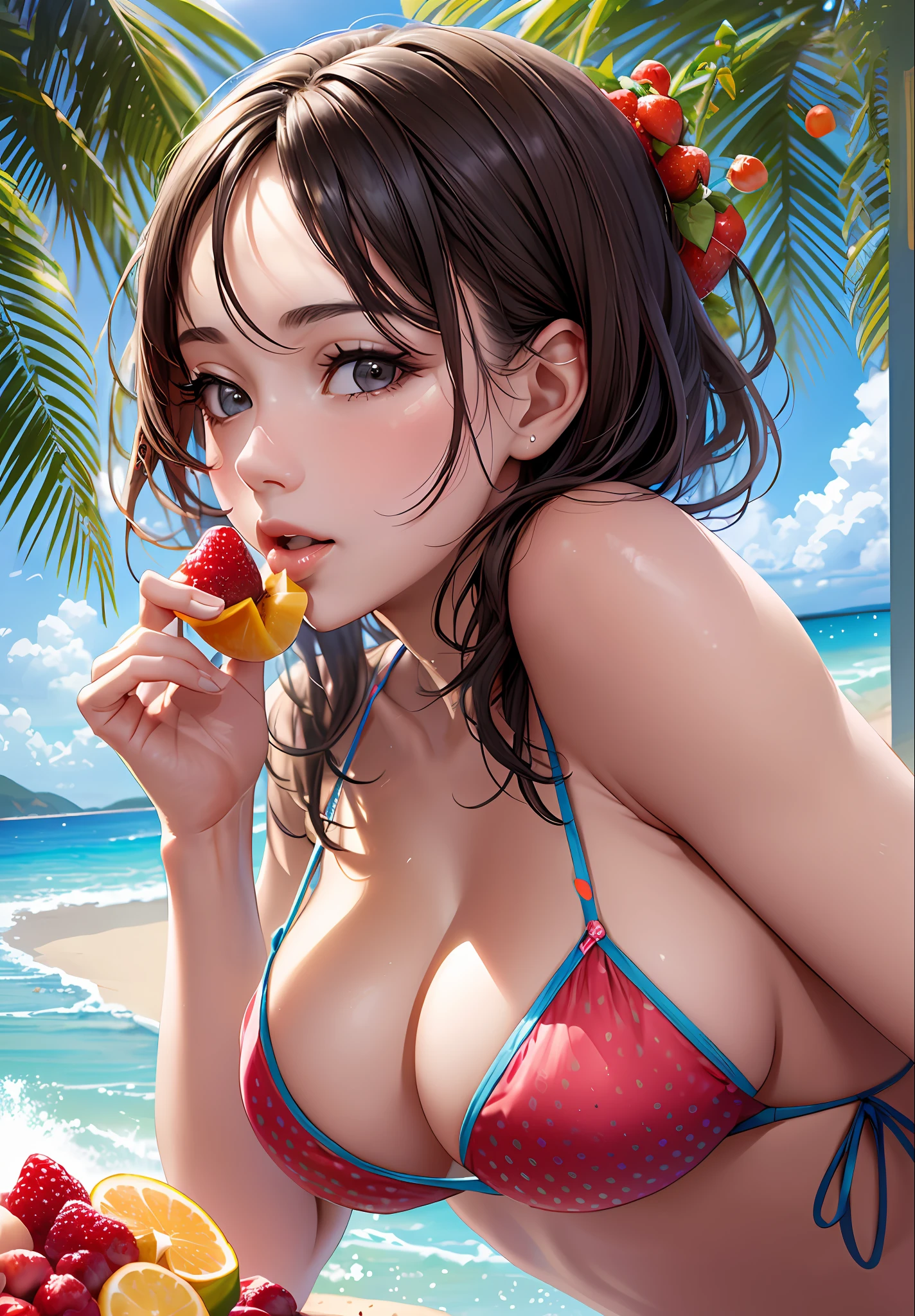 Hyperphotorealistic, putting lots of fruit on breasts, beautiful woman kissing fruit in ultra micro bikini, cheerful, sunny beach, making super details