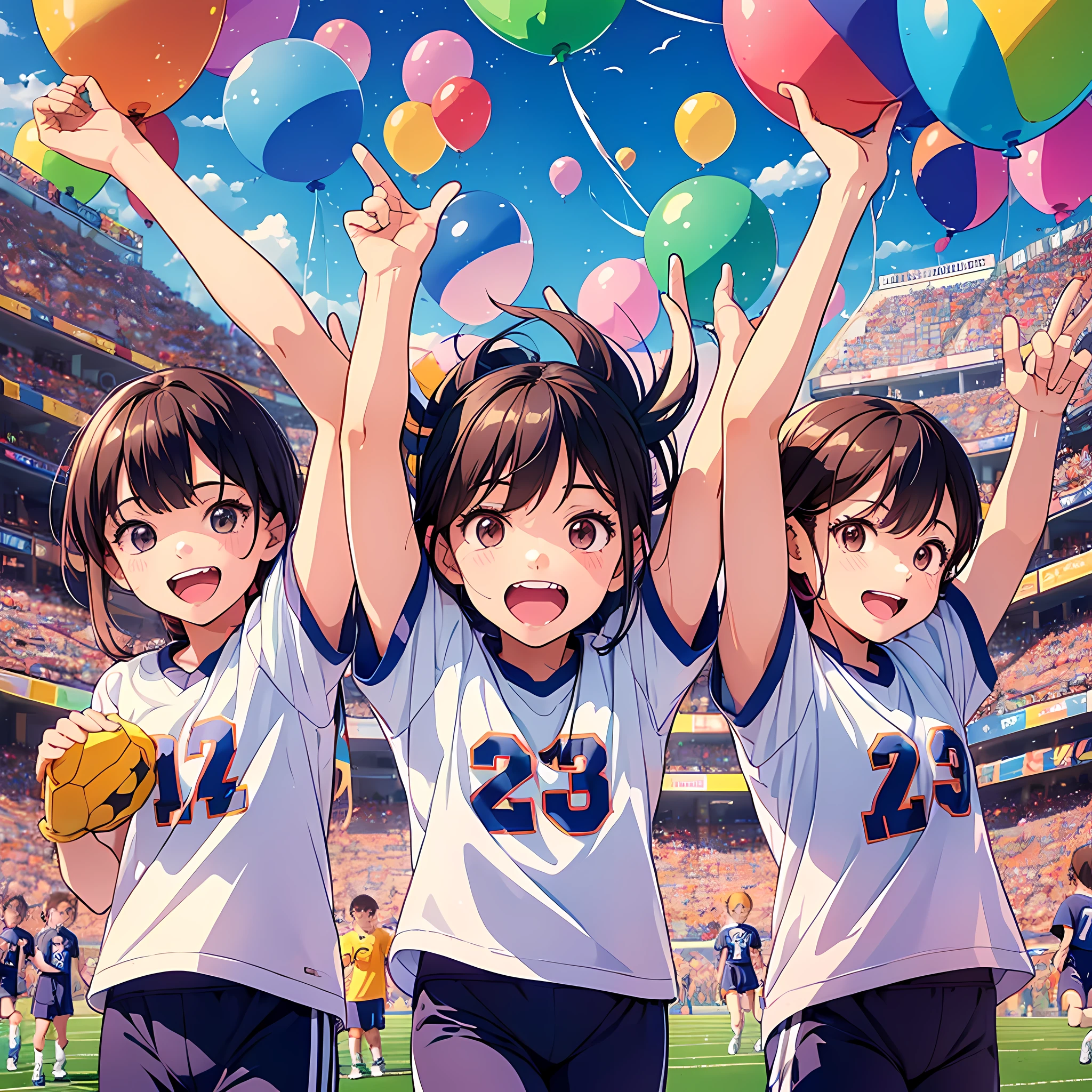 (Children's Day illustration), three children dressed in casual sportswear raise their hands and cheer on the football field, which is bright and warm, surrounded by streamers and balloons, and the crowd cheers. Characters occupy a small part of the picture. The facial features are delicate, clear and cute, and the fingers are clear