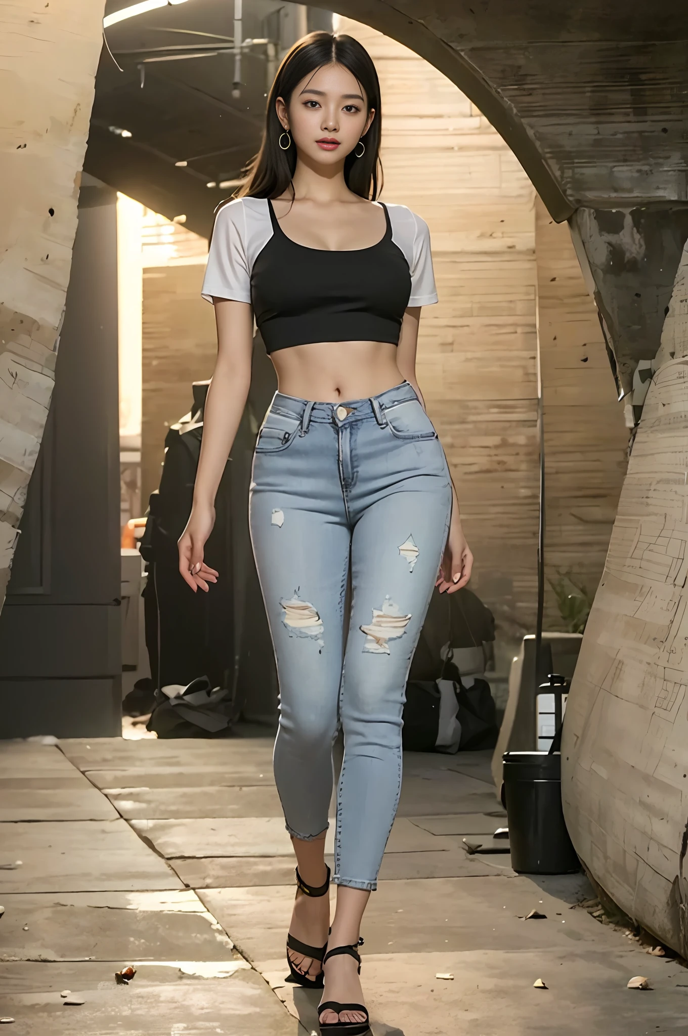 Realistic, photorealistic, 16k HD, masterpiece: 1.5, focus: 1.5, Allard Asian woman in crop top tight long jeans and stylish sheer short sleeves, background: 1.5 (foot of the mountain, by the stream, dating), cute schoolgirl, slim and perfect figure, ( Stylish hairstyle: 1.5), Japanese 18 year old girl wearing long skinny jeans wearing ripped skinny long jeans (low rise crop top, micro-flared, trousers: 1.5), (ripped : 0.6), (branded jeans: 1.5, realistically detailed jeans texture and stripes: 0.8, realistic detailed jeans graininess: 0.8), wearing fashion sheer tight short sleeves (brand: 1.5, slim, realistic clothing texture: 1.5, sheer, revealing breasts and areola: 1.5), wearing stiletto sandals (delicate stiletto heels crystal band sandals, high quality: 1.2), surreal schoolgirl, dressed up as schoolgirl, surreal schoolgirl, realistic schoolgirl, walking, schoolgirl posing, model pose, dating, Shooting full body ((Full body: 1.8)), beautiful skin, glowing skin, slender slim beautiful thighs, perfect thighs, perfect calves, white and tender toes, beautiful breasts: 1.5, beautiful breasts: 1.5, beautiful buttocks: 1.5, best quality, white skin, real skin, (detailed face), goose egg face, pores, super high resolution, (8k, RAW photo, photorealistic:1.4), 1girl, slim, (smile, Baring teeth and tongue: 1.2, looking at the audience with a serene goddess-like look happiness: 1.2), ( lip gloss, eyelashes, glossy face, best quality, ultra-high resolution, wide lighting, natural shadows), ((fair pink toes: 1.5, stilet strap sandals: 1.5))), (return to the audience, shoot from the back, shoot the whole body (1.8)) --auto --s2