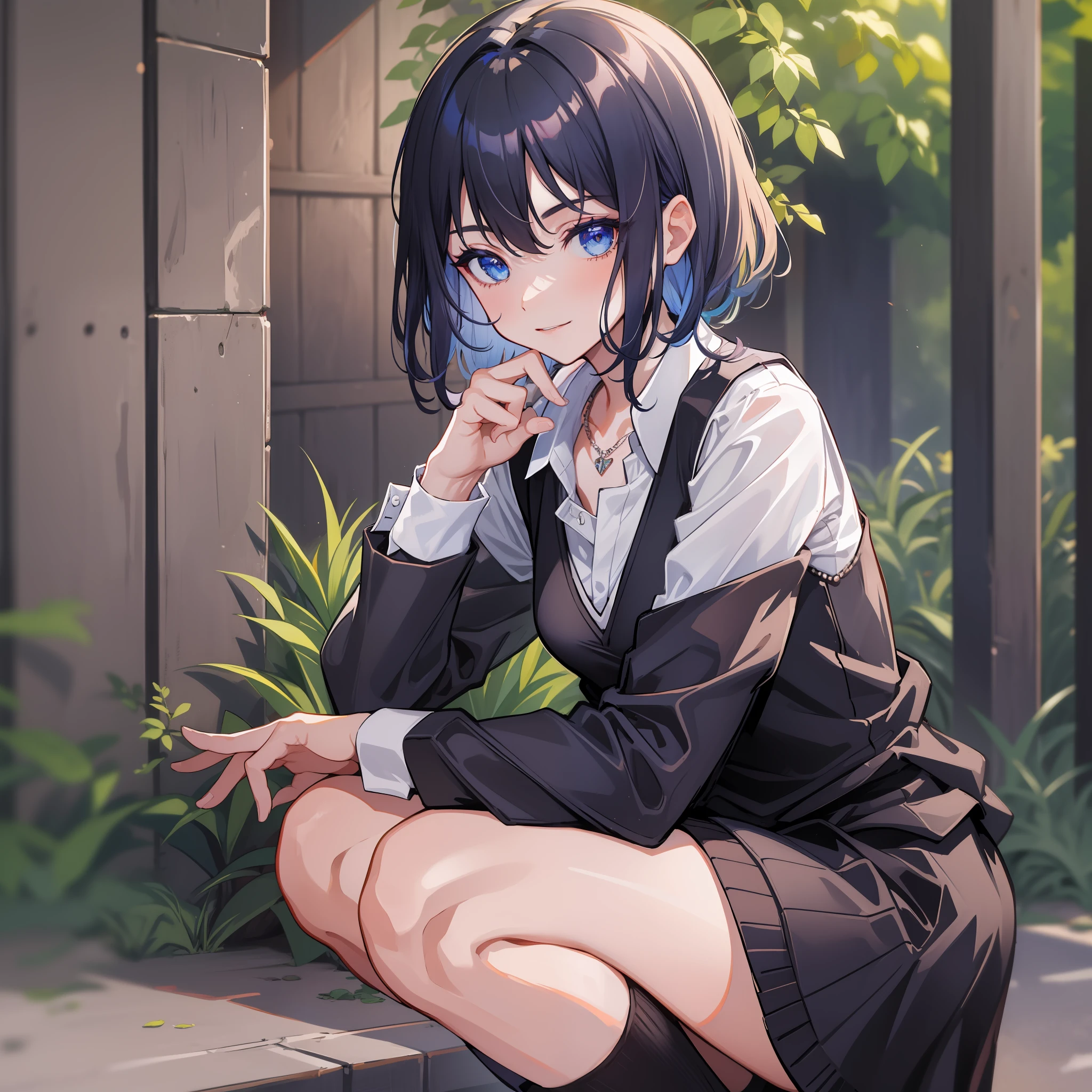 (名勌), ((highest quality)), (super detail), 1 girl, dark blue hair color, short hair, on the fence, squatting, white panties, hair between the eyes, dark blue eyes, hair ornament, chest, school uniform, collared shirt, hairshed, clothes around the waist, bangs, black socks, black vest, long hair, long sleeves, cardigan, side lock, knee high, dress shirt, necklace, collarbone, black dress, jewelry, sweater,evil smile, bangs, small breasts, perfect hands, hand details, fixed fingers, looking_al_Viewer, top quality, rich detail, perfect image quality,