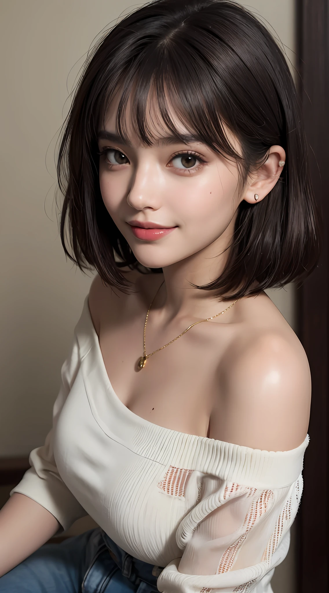 (top quality, 8k, masterpiece: 1.3), pretty woman with perfect figure: 1.4, dark brown hair, big, wearing pendants, torn shorts, sleeping in bedroom, very detailed face and skin, detailed eyes, double eyelids, top quality, masterpiece, (photorealistic: 1.4), one woman, golden ratio, high angle shot, upper eye care, low angle shot, perfect face, beautiful figure, cute face, face close-up, zoom in on face, short bob, short hair, smile from different angles, smile, gloss, highlight, gloss, glossy on skin, glossy on skin, wet skin, wet, bangs, cute smile, bust, off-shoulder, refreshing charm, elegant, perfect hands, smile from angle, smile, shiny, highlight, glossy skin, bangs, bust, big, Warm off-shoulder, refreshing charm, ears out, gaze to the camera, poses at different angles