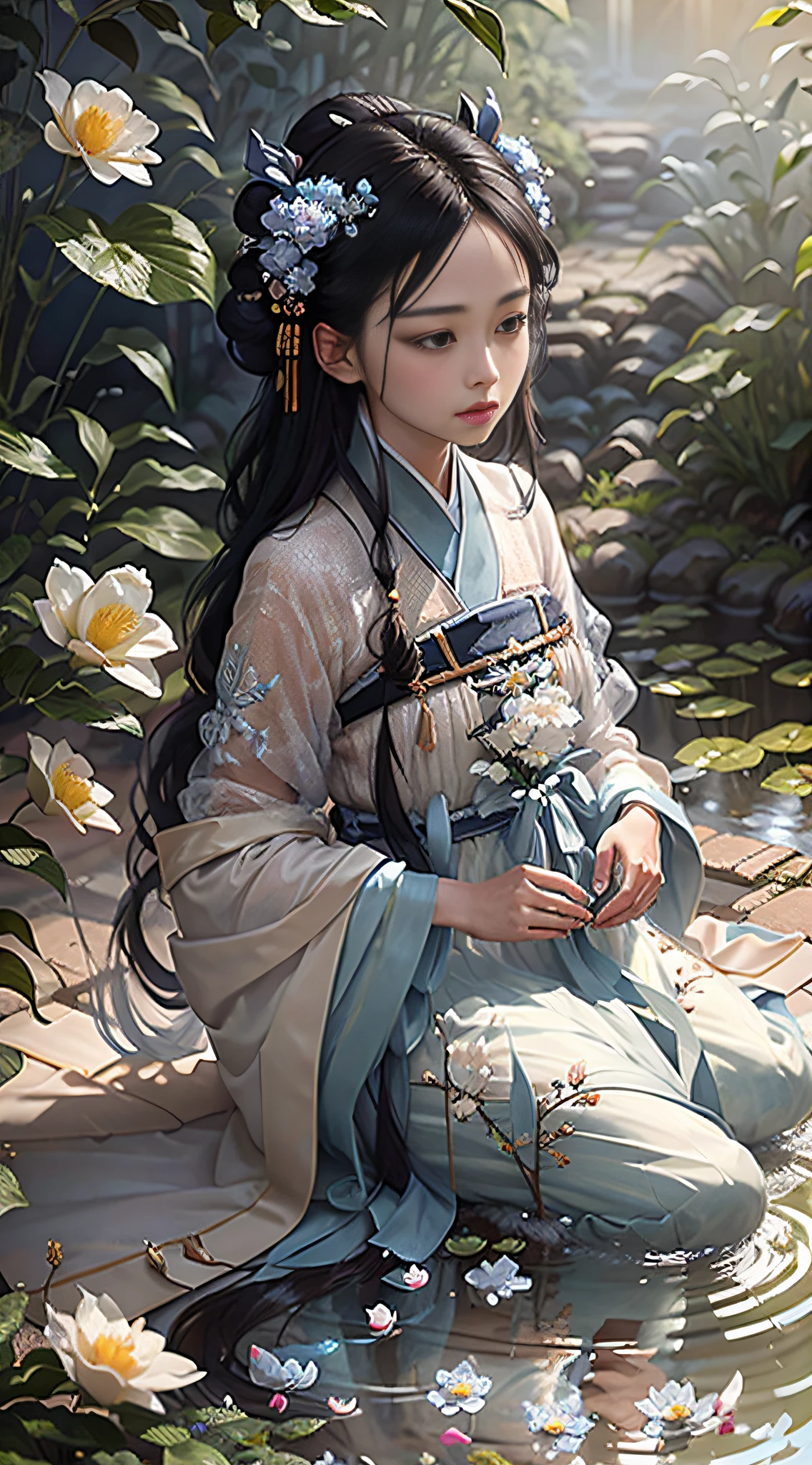 (Fidelity: 1.4), Best Quality, Masterpiece, Ultra High Resolution, Poster, Fantasy Art, Dynamic Lighting, Art Station, Poster, Volume Lighting, Very Detailed Faces, 4k Wallpaper, Award-Won, Chinese Style, A Woman, Clear Facial Features, Ultra Clear Eyes, Ultra Clear Nose, Super Clear Mouth, Side Face, Quiet, Sadness, Blue and Blue Hanfu, Tulle Coat, Long Black Hair, Light Blue Fringed Hair Ornament, Hairpins, White Ribbon, White Flower Bush, Large White Flowers, Light Blue Small Flowers, Light Blue Butterfly Flying, Ancient Chinese courtyard, kneeling by the pond, picking flowers, carp in the water, hazy mist, bamboo in the background, small bamboo, birds flying, dramatic composition, movie light effects,