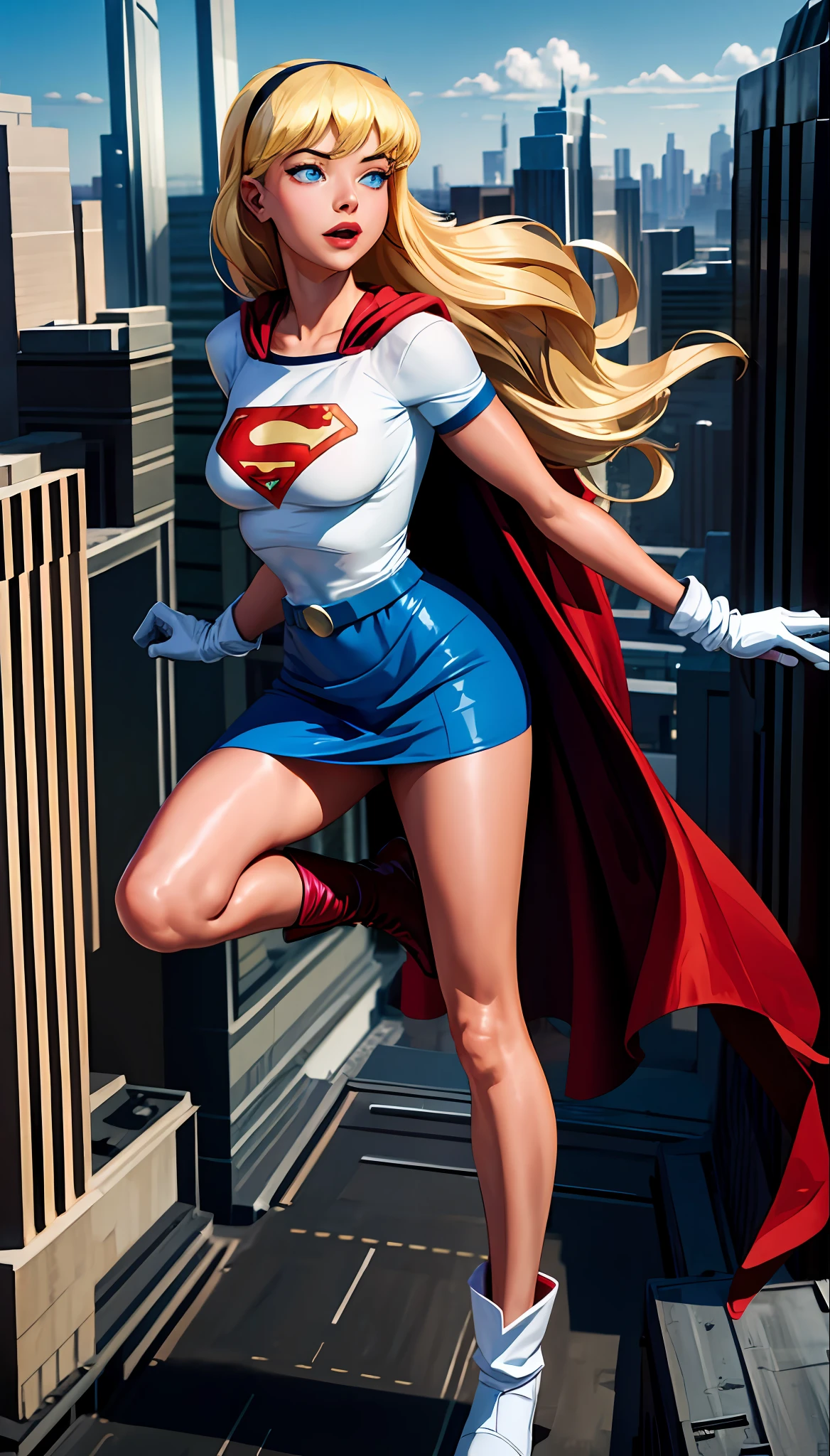 (cowboy shot), sfw, (masterpiece), (best quality:1.0), (ultra highres:1.0), detailed eyes,
BREAK
Supergirl, 1girl, long blonde hair, midair, flying
hairband, \(white\) crop top, short sleeves, cape, blue pencil skirt, gloves, boots
BREAK
(clouds, city, gorgeous view)