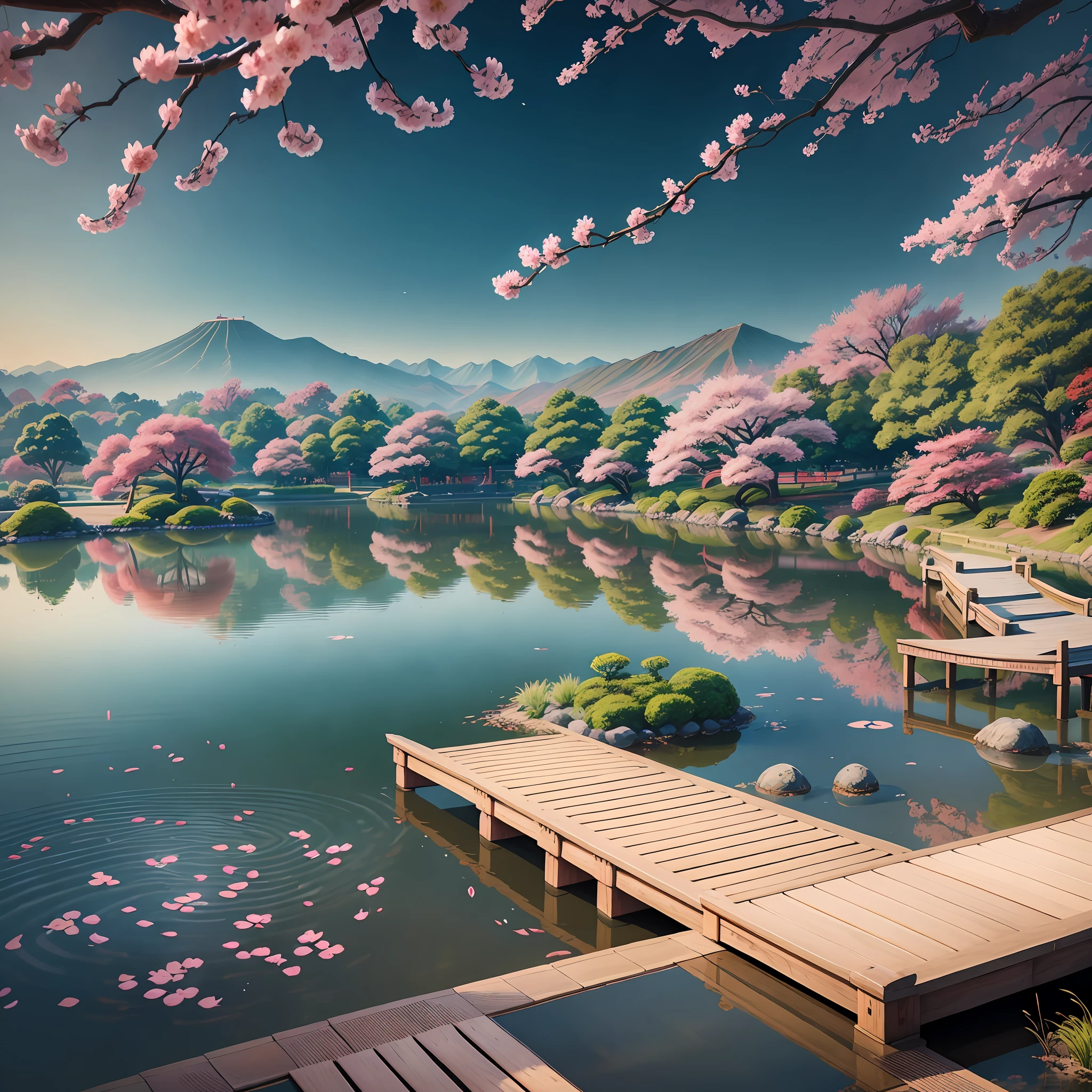 (digital painting),(best quality), serene Japanese garden, cherry blossoms in full bloom, koi pond, footbridge, pagoda, Ukiyo-e art style, Hokusai inspiration, Deviant Art popular, 8k ultra-realistic, pastel color scheme, soft lighting, golden hour, tranquil atmosphere, landscape orientation