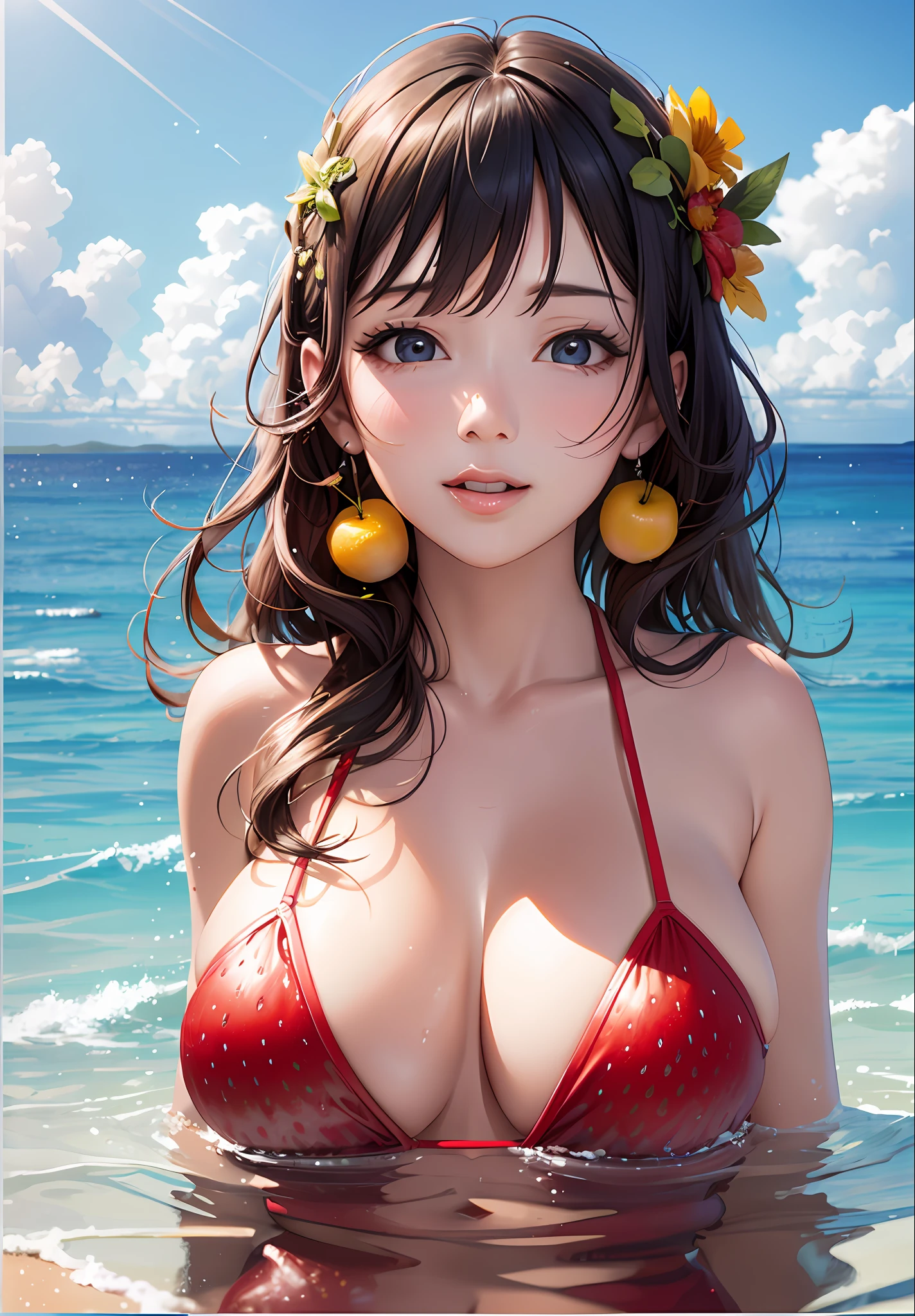 Hyperphotorealistic, putting lots of fruit on breasts, beautiful woman kissing fruit in ultra micro bikini, cheerful, sunny beach, making super details
