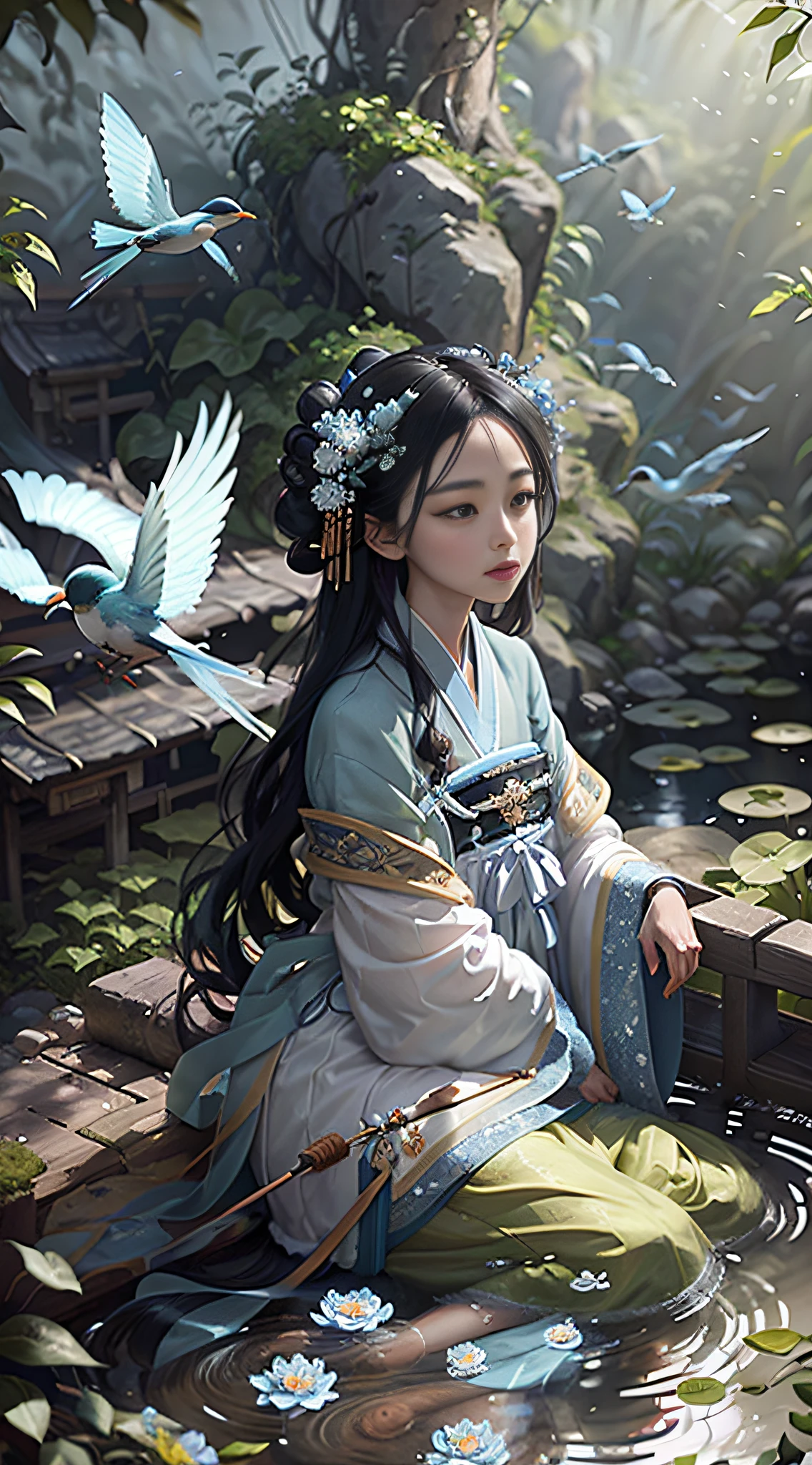 (Fidelity: 1.4), Best Quality, Masterpiece, Ultra High Resolution, Poster, Fantasy Art, Dynamic Lighting, Art Station, Poster, Volumetric Lighting, Very Detailed Faces, 4k Wallpaper, Award-Won, Chinese Style, A Woman, Clear Facial Features, Super Clear Eyes, Super Clear Nose, Super Clear Mouth, Side Face, Quiet, WeChat Emoji, Blue and Blue Hanfu, Tulle Coat, Black Long Hair, Light Blue Fringed Hair Ornament, Hairpin, White Ribbon, White Flower Bush, White Big Flowers, Light Blue Small Flowers, Light Blue Butterfly Flying, Ancient Chinese courtyard, kneeling by the pond, reaching out to play fish, carp in the water, hazy mist, bamboo in the background, small bamboo, birds flying, dramatic composition, movie light effects,