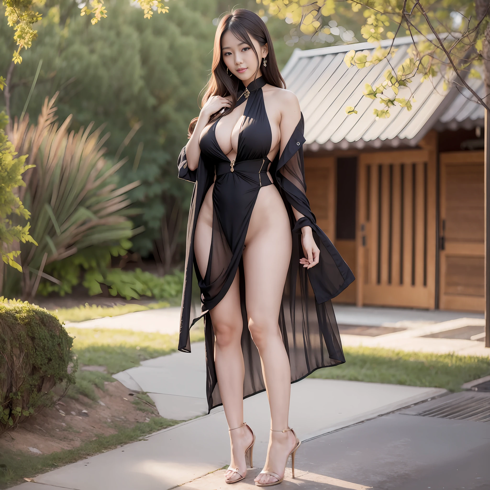 Sexy asian beauty, long hair, suit, open clothes, no lingerie, areola, up, sweet smile, big boobs, dew point、、、, protrusion, full body, standing, long legs, high heels, realistic style, outdoor ,,,,