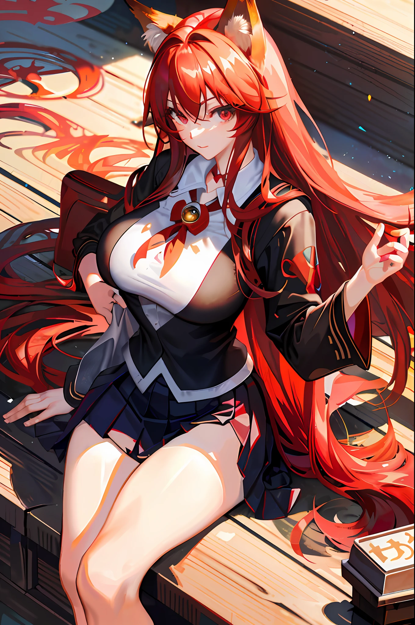 Masterpiece, rias gremory, best quality, 1girl, long hair, (((sexy))), (((realistic))), (((Curvilinear))), eyes bells, crimson red hair, straight hair, wavy hair, beautiful eyes, beautiful detailed shine, very bright, (((foxy girl))),(((Japanese school clothes)))), (skirt), (((uniform blouse))
