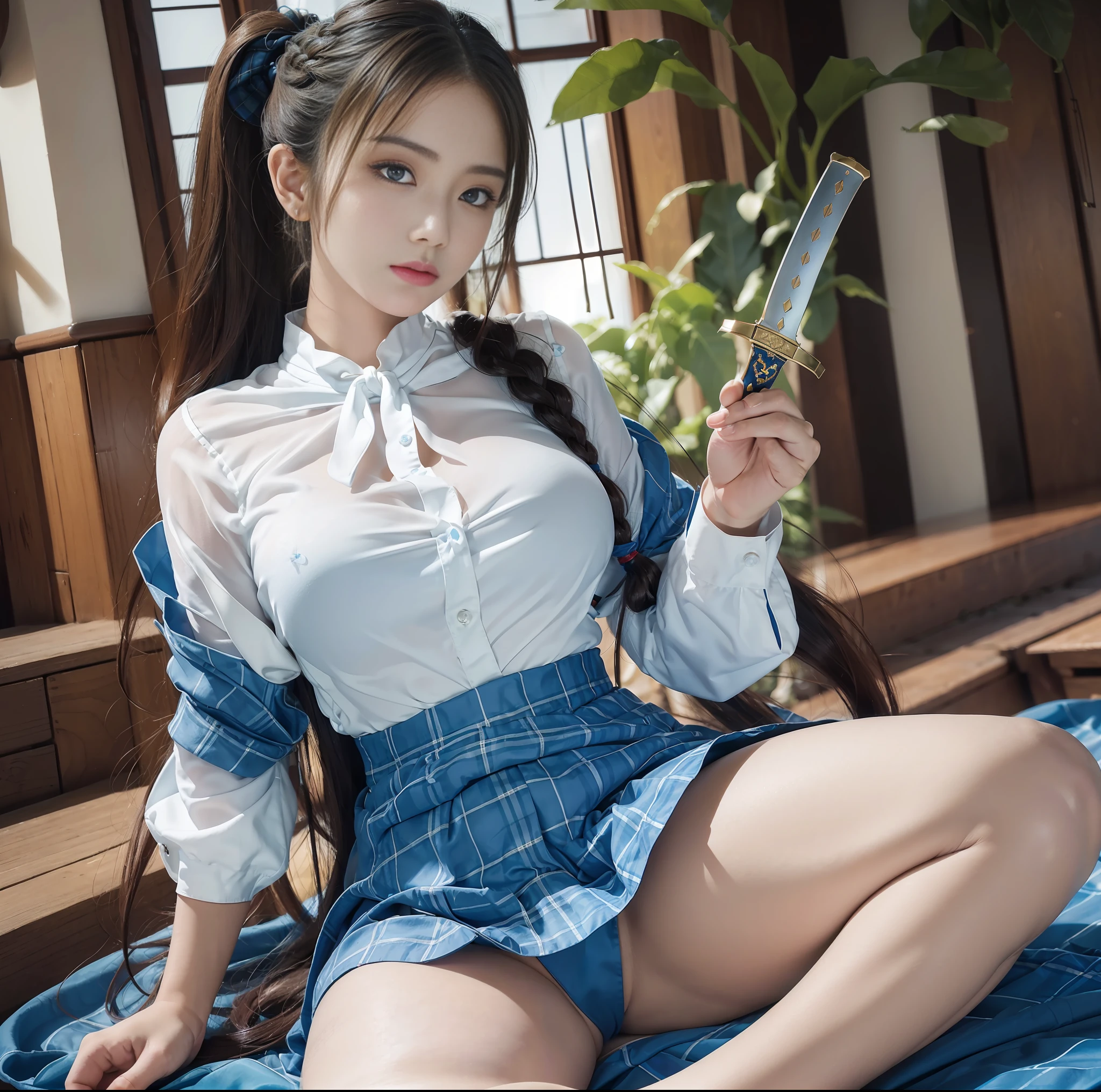 (top quality, masterpiece), 1girl, intricate details, (shading realistic lighting), huge file size, high resolution, atmosphere, mystical, romanticism, literature, art, fashion, elegant, realistic, (perfect anatomical depiction of the human body), teenage girl is dressed as a schoolgirl of Japan and is doing a Japan sword demonstration and raising her legs, (holding a sword and having a beautiful posture), Serious expression as if in battle, The girl is a brunette Japan with pigtails with whitening skin blue eyes and partially braided hair, japanese, (very big), (super big), (thin waist), (fleshy big buttocks hanging down), (thin thighs), (), (crimson ribbon tie with smooth thin fabric neat white blouse), ( blouse breasts are very cramped), (no bra), (dark areola), (blouse crushes large breasts and spreads to the side), (dark blue tartan checked micro mini pleated skirt), (white and large panties covering the buttocks), (no skin exposed on the upper body)), (neat clothes with all buttons fastened), (blouse hem tucked inside the skirt), ( Stomach, back and chest are hidden by blouse and cannot be seen directly), (Beautiful big blue eyes), (Thin and clear double eyelid lines in the eyes), (Glossy, plump and brightly toned tear bags under the eyes), (Light blue iris), (Some highlights on the iris and pupil), (Red representation of the conjunctiva), (Long eyelashes that are well visible), (Blouse with super big), ( skin and hair sparkling in the sunlight), daytime city shot, cameltoe, (beautiful posture with a sword), perfect hands, nice hands,