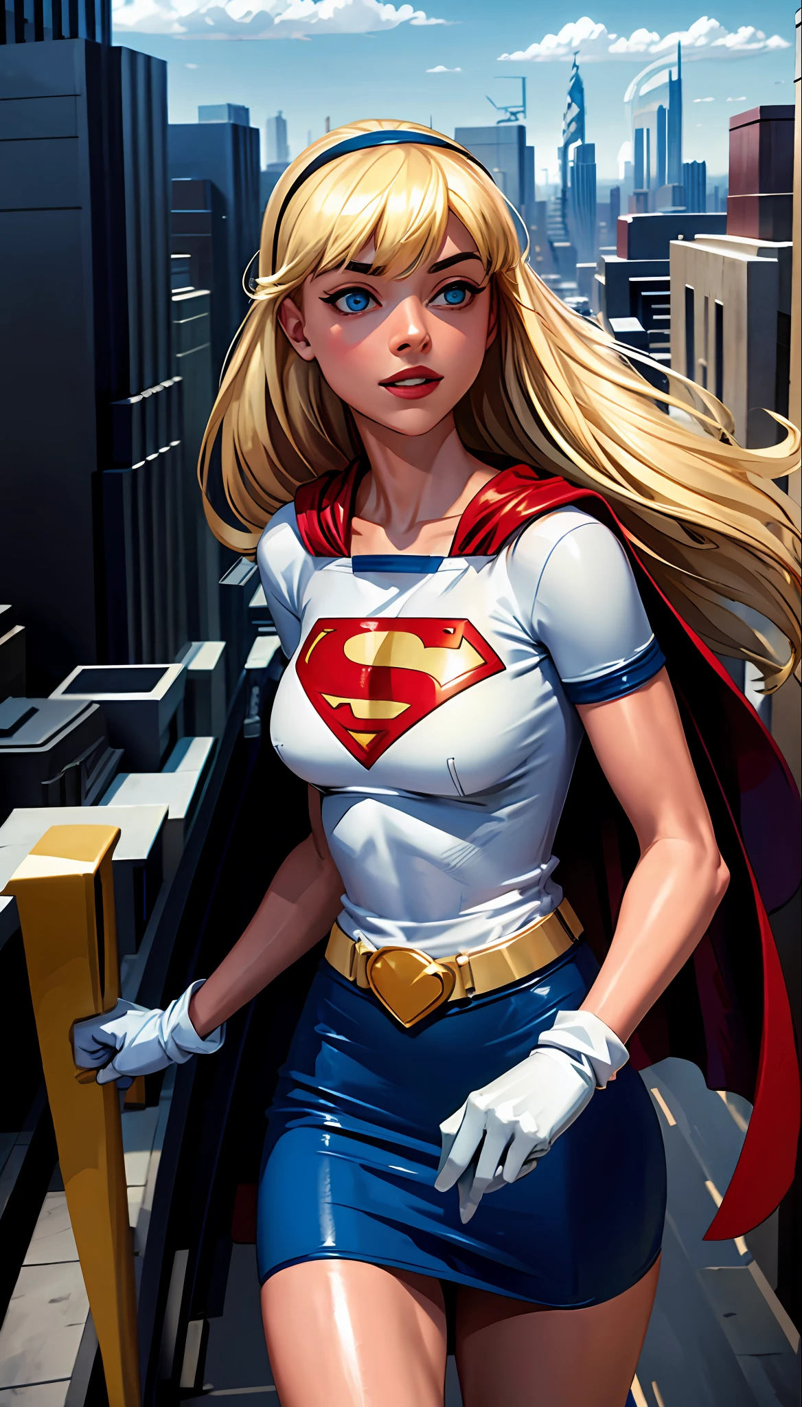 (cowboy shot), sfw, (masterpiece), (best quality:1.0), (ultra highres:1.0), detailed eyes,
BREAK
Supergirl, 1girl, long blonde hair, midair, flying
hairband, \(white\) crop top, short sleeves, cape, blue pencil skirt, gloves, boots
BREAK
(clouds, city, gorgeous view)