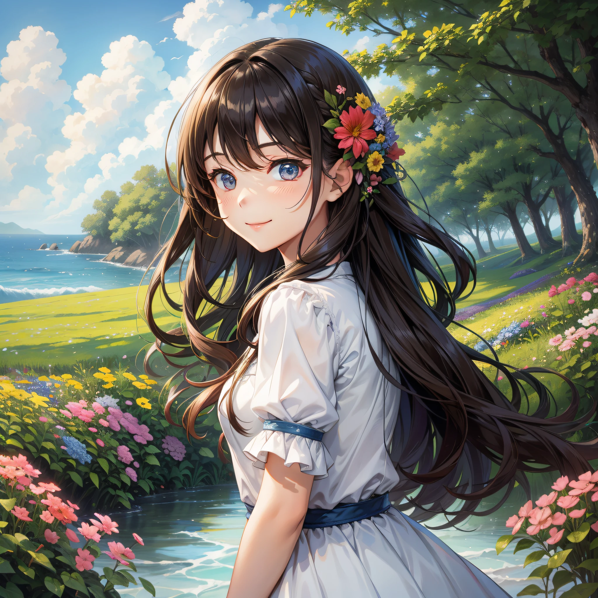 The brunette girl, standing in a sea of flowers, her hair fluttering with a breeze, looked back and smiled