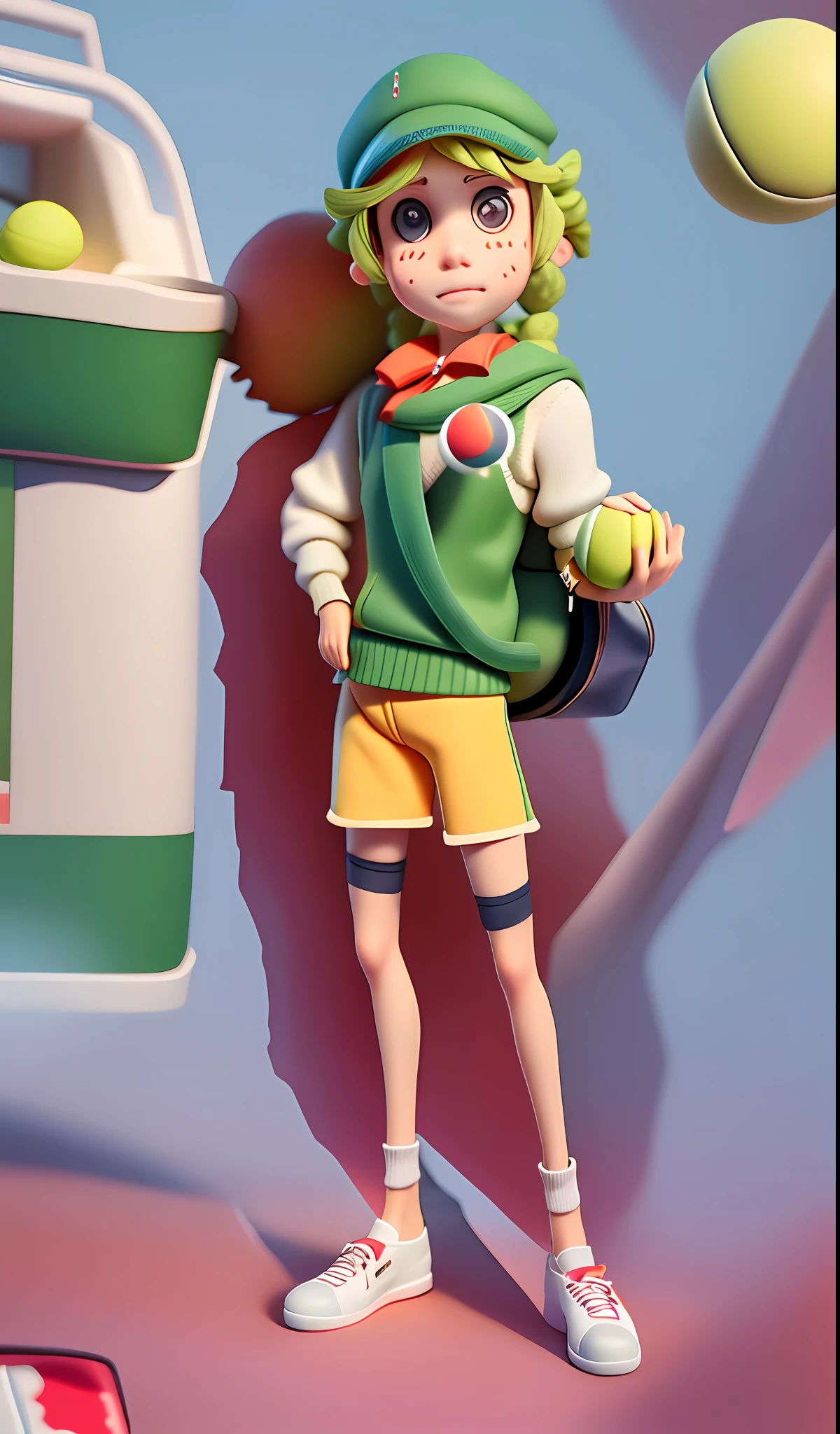 Blind box toy style, tennis player costume, tennis cap, dirty braid, sweater, tennis ball, scarf bow tie, badge, tennis ball storage bag, shorts, bandage, tennis shoes, medium socks
