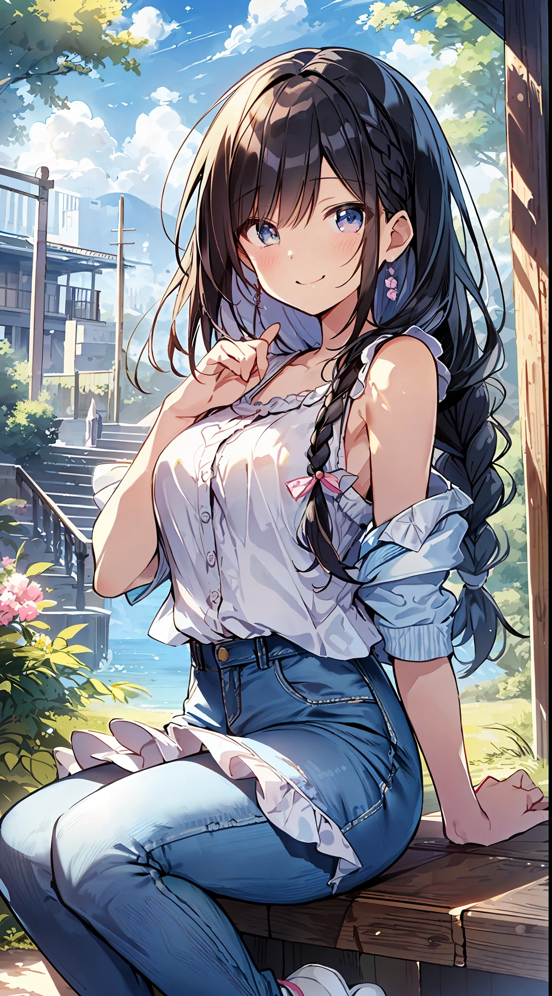 Top quality, masterpiece, ultra high resolution, 8k, summer sky, early summer, (((denim jacket, ruffled blouse, skinny pants, sneakers)), shojo manga style loli, one, soft line drawing, digital enhancement, shojo manga touch, shojo manga core, flowing fabric, close-up, (short braid with hair length to the shoulders)), wet hair, staring at us from the front, Soft drawing, beautiful black hair, clear eyes, ((teasing smile)), ultra-detailed digital anime art, clear face depiction, ultra-detailed shoujo manga character art, ultra-detailed manga style, top quality colors, hand gestures, landscape with nature, looking up at the sky, angle to see up to your feet