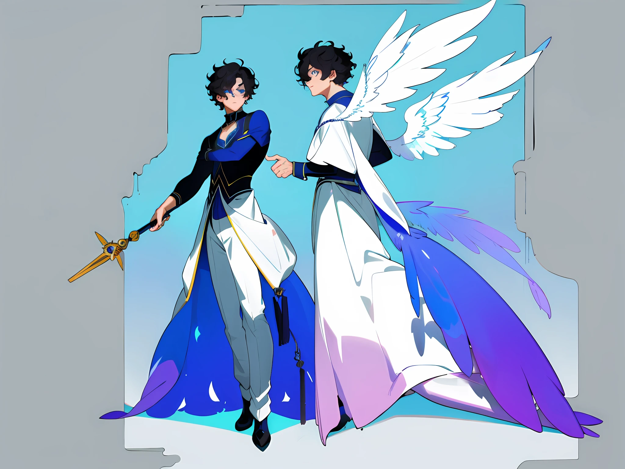 ((masterpiece)),(((best quality))),((character design sheet,same character,front,side,back)),illustration,1 boy, curly short hair,hair on eyes, colorfull hair,beautiful eyes,environment Scene change, pose too, blue color palette, neon colors, male angel, angel feathers, magician, holds a crosier, charturnbetalora, 8k,16k, (simple background, white background: 1.3)