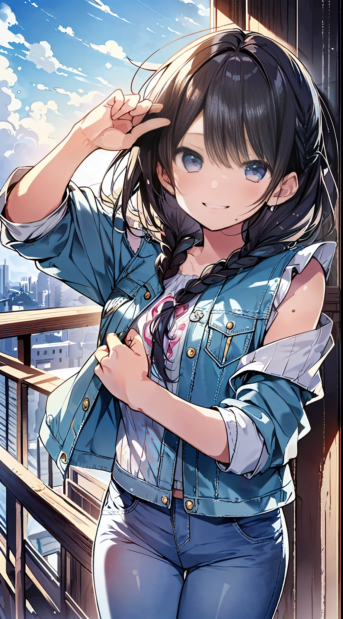 Top quality, masterpiece, ultra high resolution, 8k, summer sky, early summer, (((denim jacket, ruffled blouse, skinny pants, sneakers)), shojo manga style , one, soft line drawing, digital enhancement, shojo manga touch, shojo manga core, flowing fabric, close-up, (short braid with hair length to the shoulders)), wet hair, staring at us from the front, Soft drawing, beautiful black hair, clear eyes, ((teasing smile)), ultra-detailed digital anime art, clear face depiction, ultra-detailed shoujo manga character art, ultra-detailed manga style, top quality colors, hand gestures, landscape with nature, looking up at the sky, angle to see up to your feet