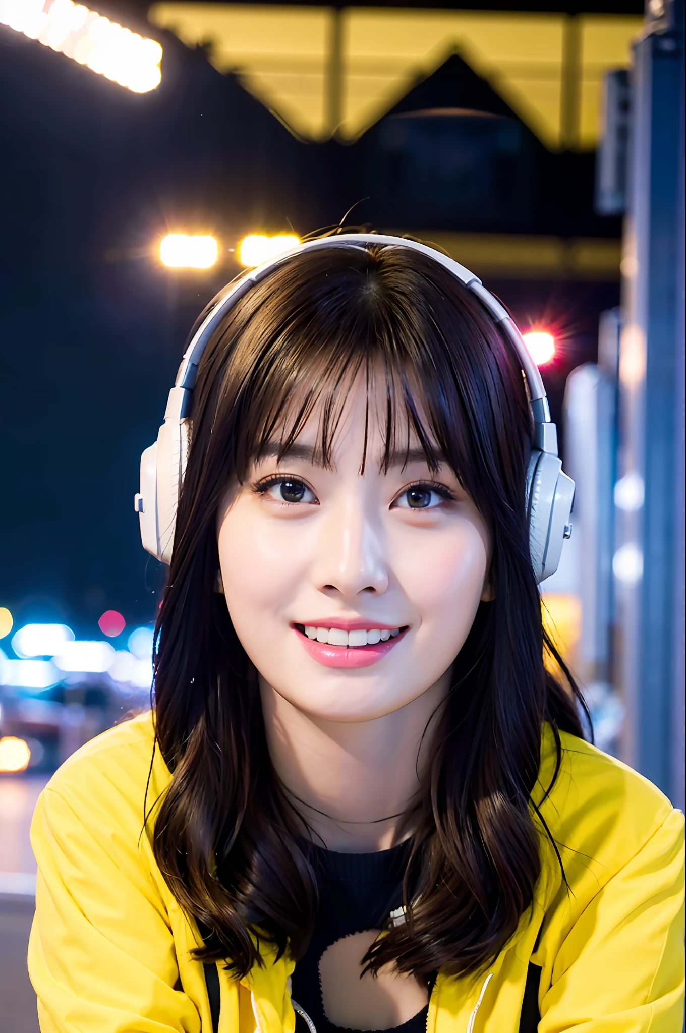 (Realistic:1.2), 18yo Girl, headphones Outfit, yellow jacket, view from below, (city:1.4), (starry sky:1.1) , (neon lights, sparkle, lightning:1.1)