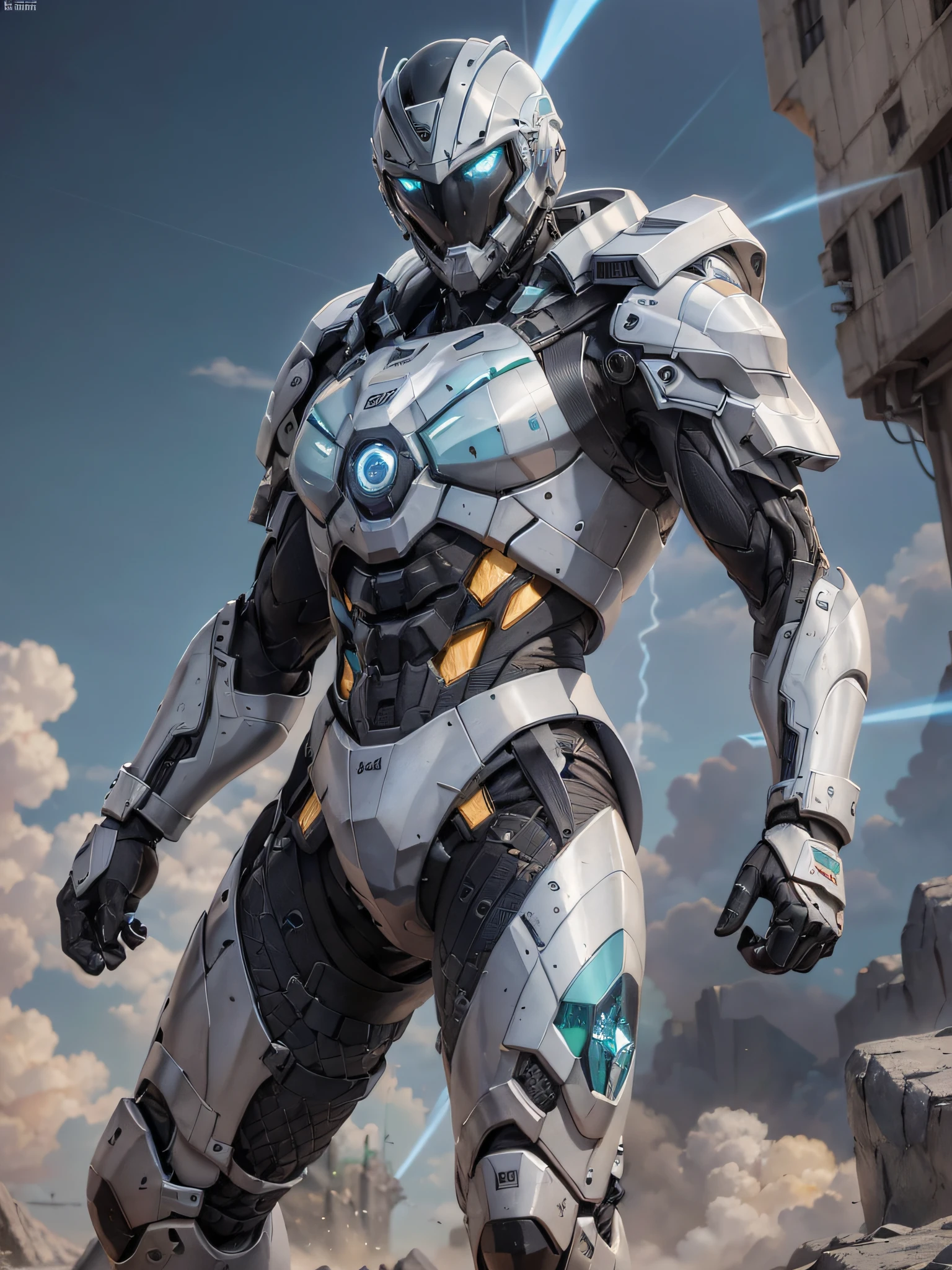8K, Best Quality, Masterpiece, Ultra High Resolution, (Realism: 1.4), Real, Photography, Men, in futuristic clothes, High-tech combat suit, cold face, (cyan pupils), ((green crystal eyes)), pale yellow laser beam, full body, macho, holding holographic projection shield, black clouds, lightning, real aerial battlefield background, floating dust, Falling planes, armored vehicles, flying anti-aircraft missiles, exploding flames, real person, real face, cool, Perfect cyborg wearing sci-fi headset, cool man, cyborg, silver-haired, manipulator, CG,