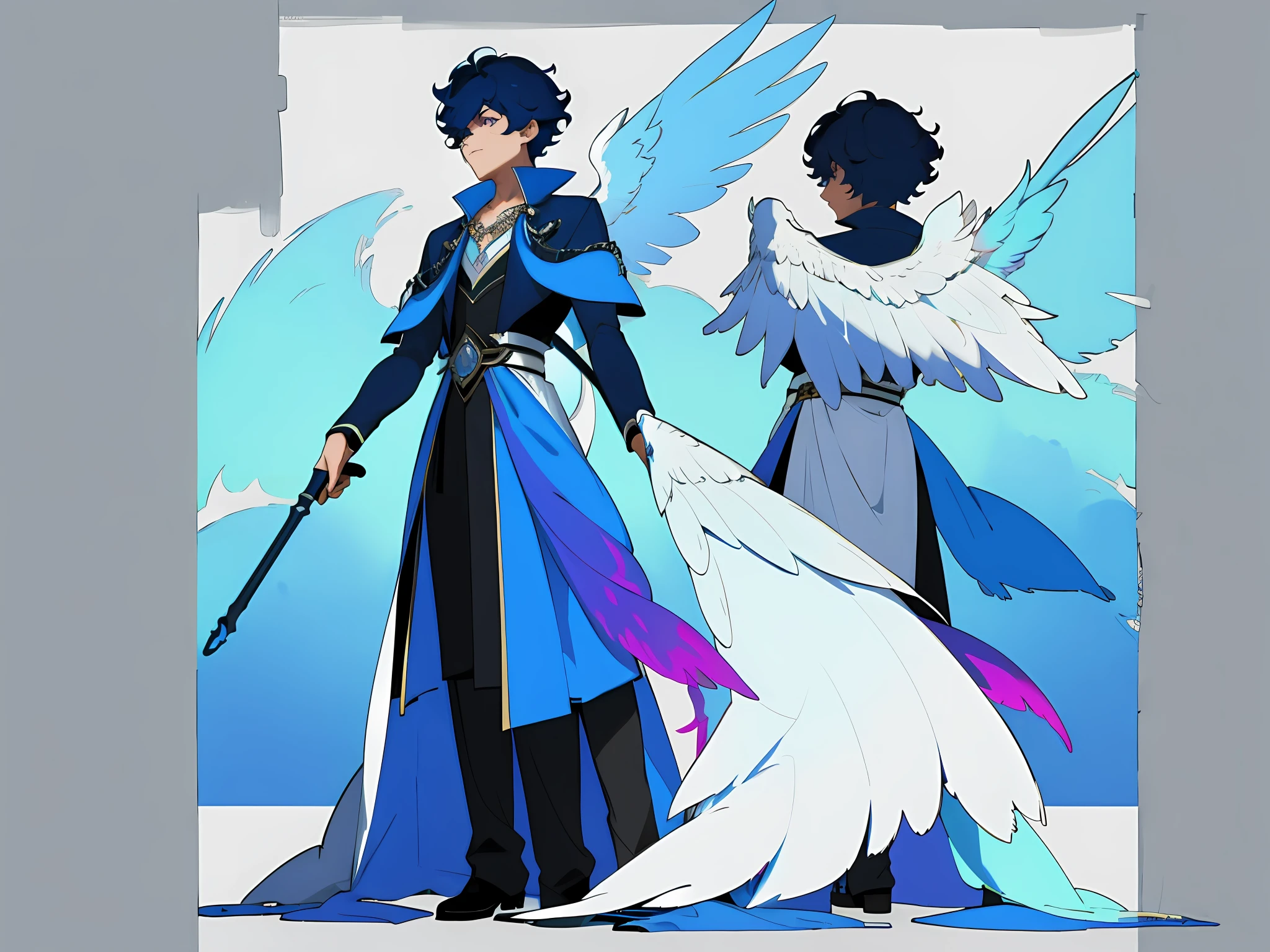 ((masterpiece)),(((best quality))),((character design sheet,same character,front,side,back)),illustration,1 boy, curly short hair,hair on eyes, colorfull hair,beautiful eyes,environment Scene change, pose too, blue color palette, neon colors, male angel, angel feathers, magician, holds a crosier, charturnbetalora, 8k,16k, (simple background, white background: 1.3)