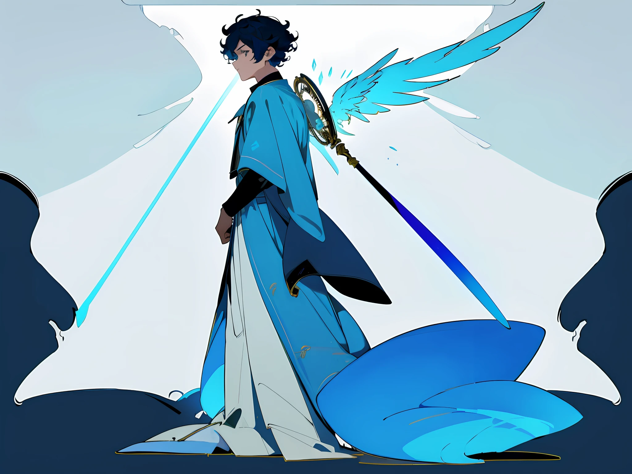 ((masterpiece)),(((best quality))),((character design sheet,same character,front,side,back)),illustration,1 boy, curly short hair,hair on eyes, colorfull hair,beautiful eyes,environment Scene change, pose too, blue color palette, neon colors, male angel, angel feathers, magician, holds a crosier, charturnbetalora, 8k,16k, (simple background, white background: 1.3)