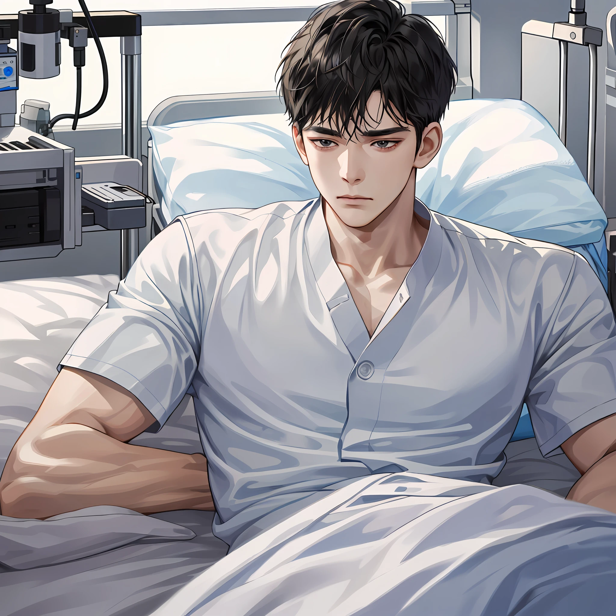 Masterpiece, high quality, best quality, HD, realistic, perfect lighting, detailed face, detailed body, 1 man, short black hair, patient's costume, (sad expression: 1.5) (face pain: 1.5), lying on a hospital bed, panorama, far view