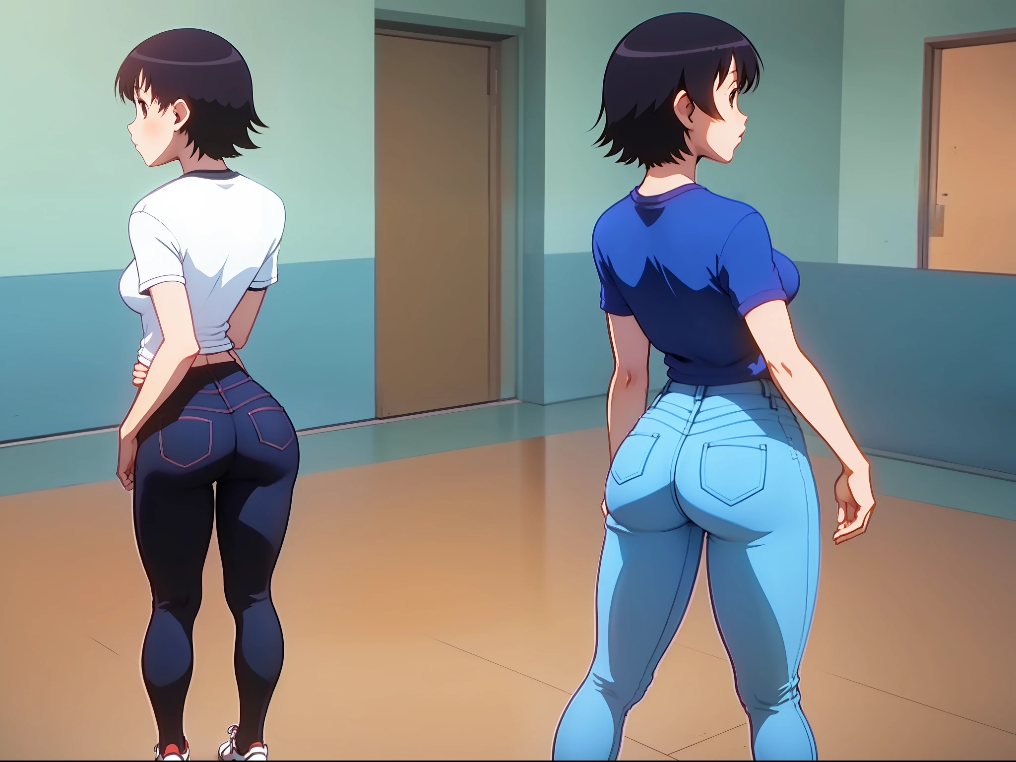 Tomo takino, Girl, short black hair, t-shirt, blue tight jeans, slender figure, medium breasts, standing, back of view, tight ass cheeks, thighs, sneakers, checking out her ass, panoramic view