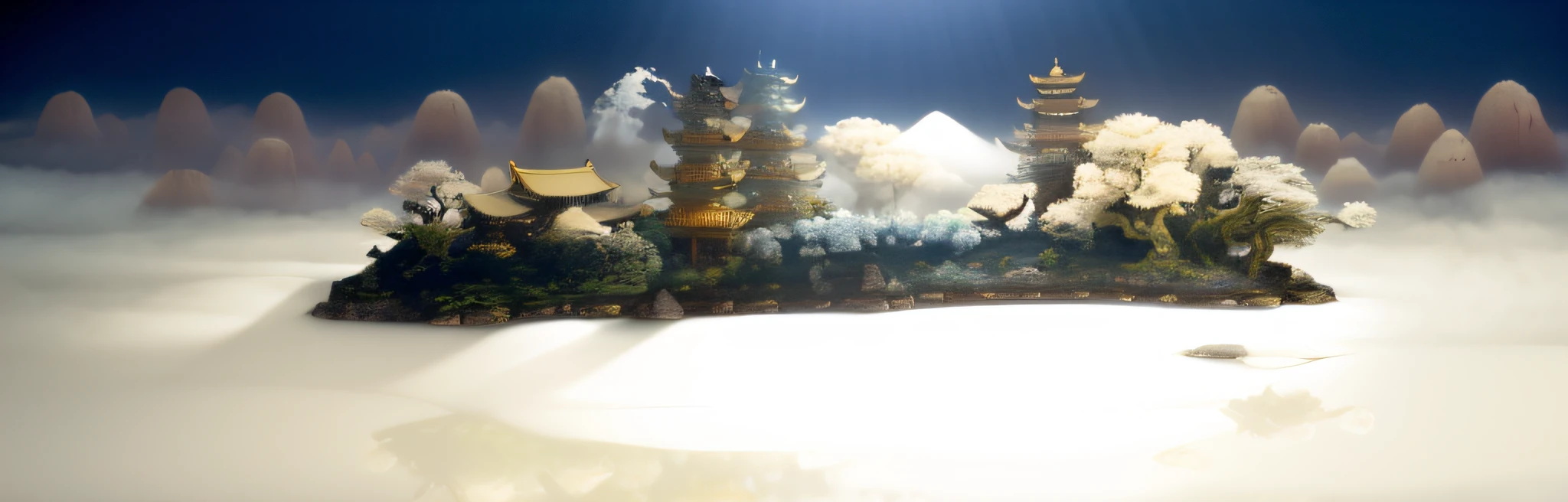 8000 years old hedonistic style Asian dwellings, cliff cypress trees, mountain peaks, lying in a white cloud wonderland, liquid clouds, emitting spore clouds, surreal water art, glowing flower-shaped clouds, slimy reflections, photos taken with Sony A7R camera, clear focus on the landscape,