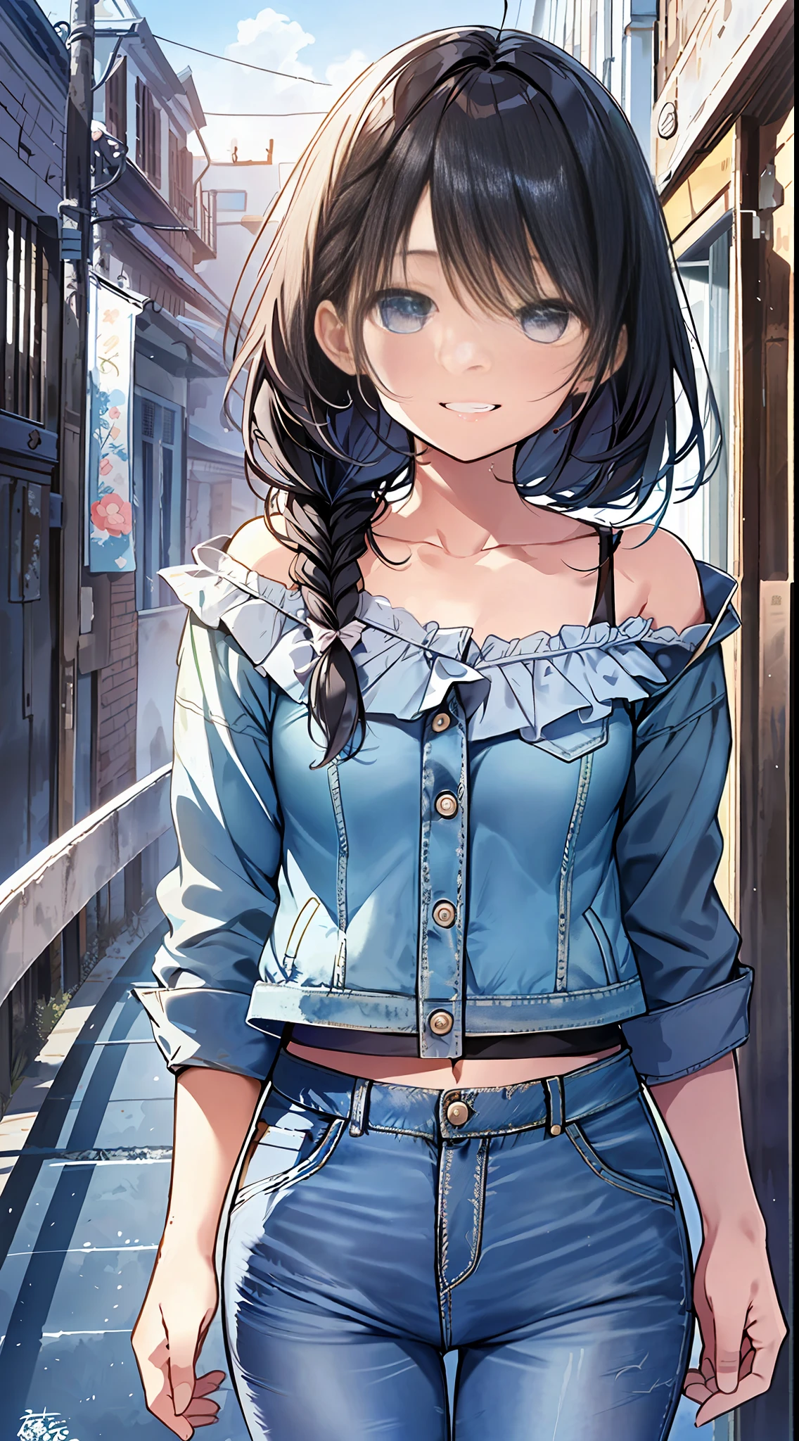 Top quality, masterpiece, ultra high resolution, 8k, summer sky, early summer, (((denim jacket, ruffled blouse, skinny pants, sneakers)), shojo manga style , one, soft line drawing, digital enhancement, shojo manga touch, shojo manga core, flowing fabric, close-up, (short braid with hair length to the shoulders)), wet hair, staring at us from the front, Soft drawing, beautiful black hair, clear eyes, ((teasing smile)), ultra-detailed digital anime art, clear face depiction, ultra-detailed shoujo manga character art, ultra-detailed manga style, top quality colors, hand gestures, landscape with nature, looking up at the sky, angle to see up to your feet