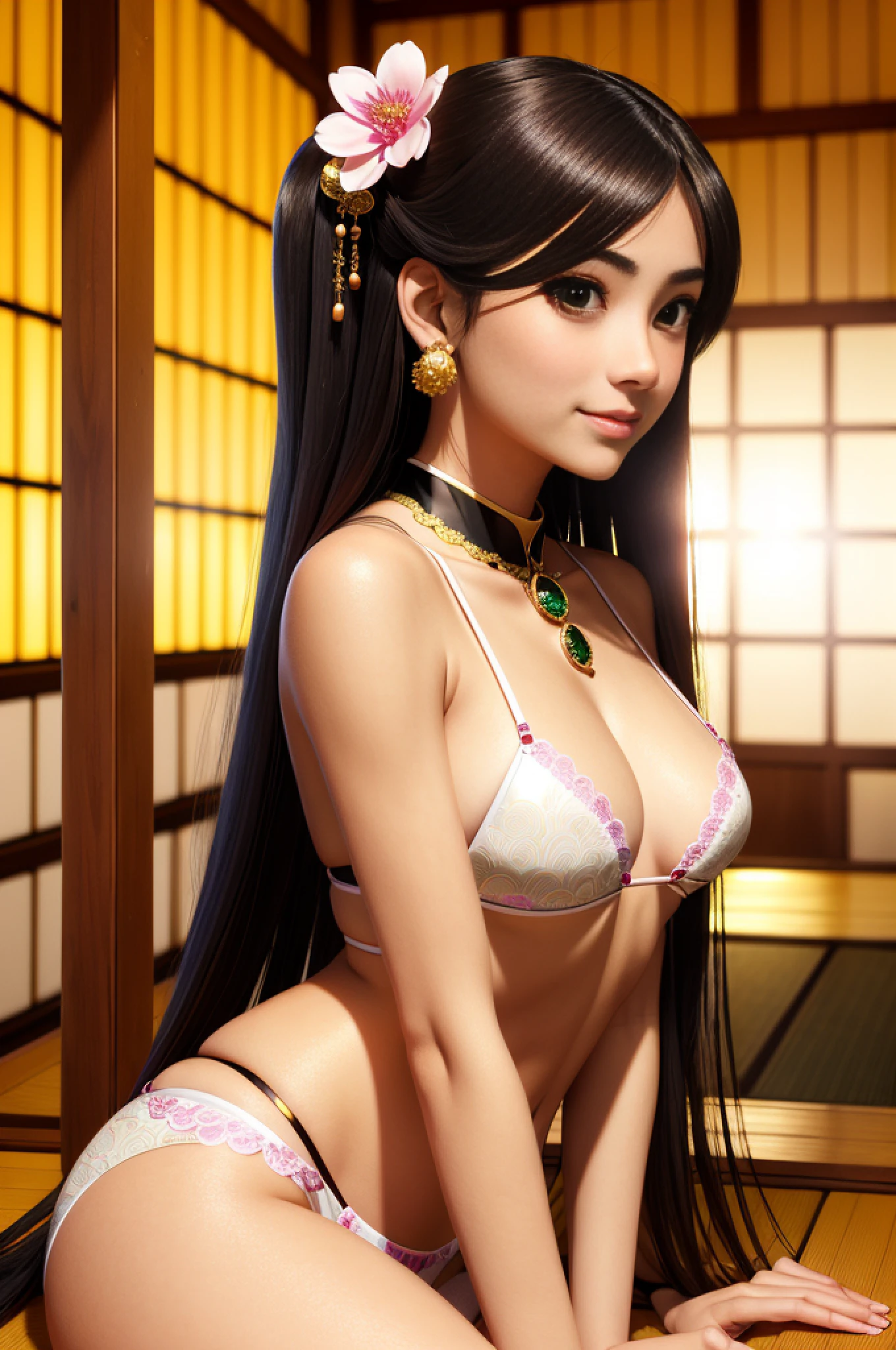 Woman sitting in front of laptop, photo, tumblr, singhanga, (waitress) girl, live-action adaptation, profile picture, (anime fantasy, highly detailed cg unity 8k wallpaper, high definition complex wallpaper, drama, real world, action frame, (clear focus, 8k), 8k texture, adobe light, camera, hdr, complex, elegant, Rich Detail, Clear Focus, (((((Movie Style))), Muted Tones, Detail Madness, (Complex Detail), Extreme Detail, Low Detail Contrast, Soft Cinematic Lighting, Dark Color, Mixed Exposure, HDR, Faded, 35 mm, f / 1.4, ISO 64, F16, 25 s), (Sultry Pose, Sexy Position, sultry, atmosphere, gorgeous, gorgeous), one woman), (gold) and silver jewelry, (jewelry with precious stones)), ((black long hair))), long hair in flight, (perfect and clear facial features), clear red eyes, (pink lips), (big)), (), (smile), (transparent white (lace) bikini, lace underwear: 1.2), (shrine of the Japan, indoor, (onsen), flowers, ( torii), gems, diamonds, glitter, sapphires, rubies, emeralds, pearls, smoke, amber, magic, obsidian), watching the audience