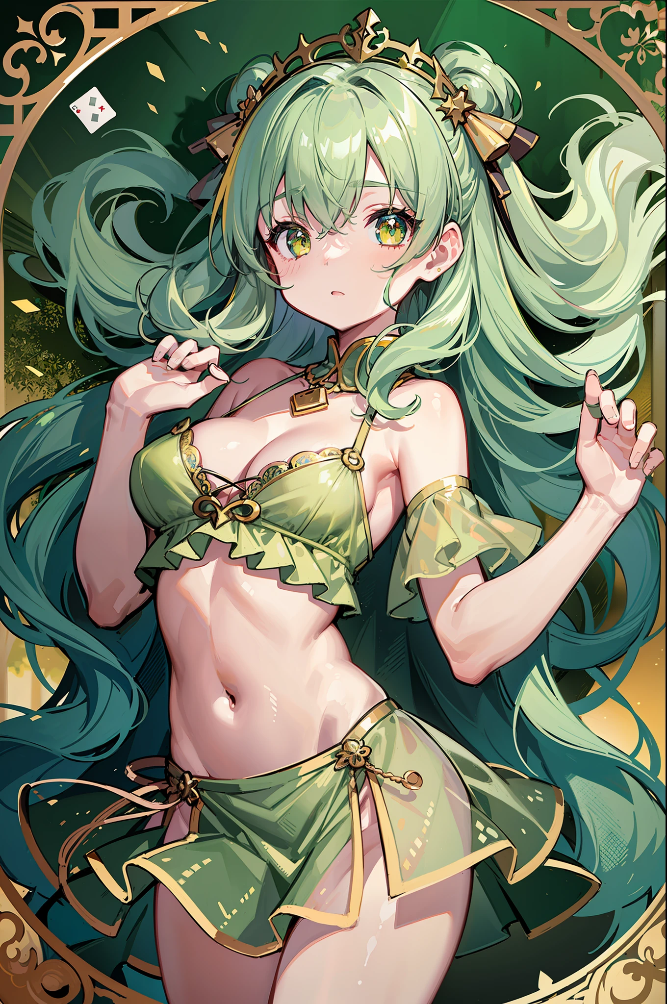 (MASTERPIECE), (Best Quality), (Ultra Detail), Official Art, One Girl, Lori with Pale Green Hair, Petite Girl, Loli, Green and Gold and Silver See-Through Dress, Sleeveless, Off Shoulder, Small, Small, Small, Cleavage, Thigh Focus, Navel, Underboob, Card Illustration, Deep Forest