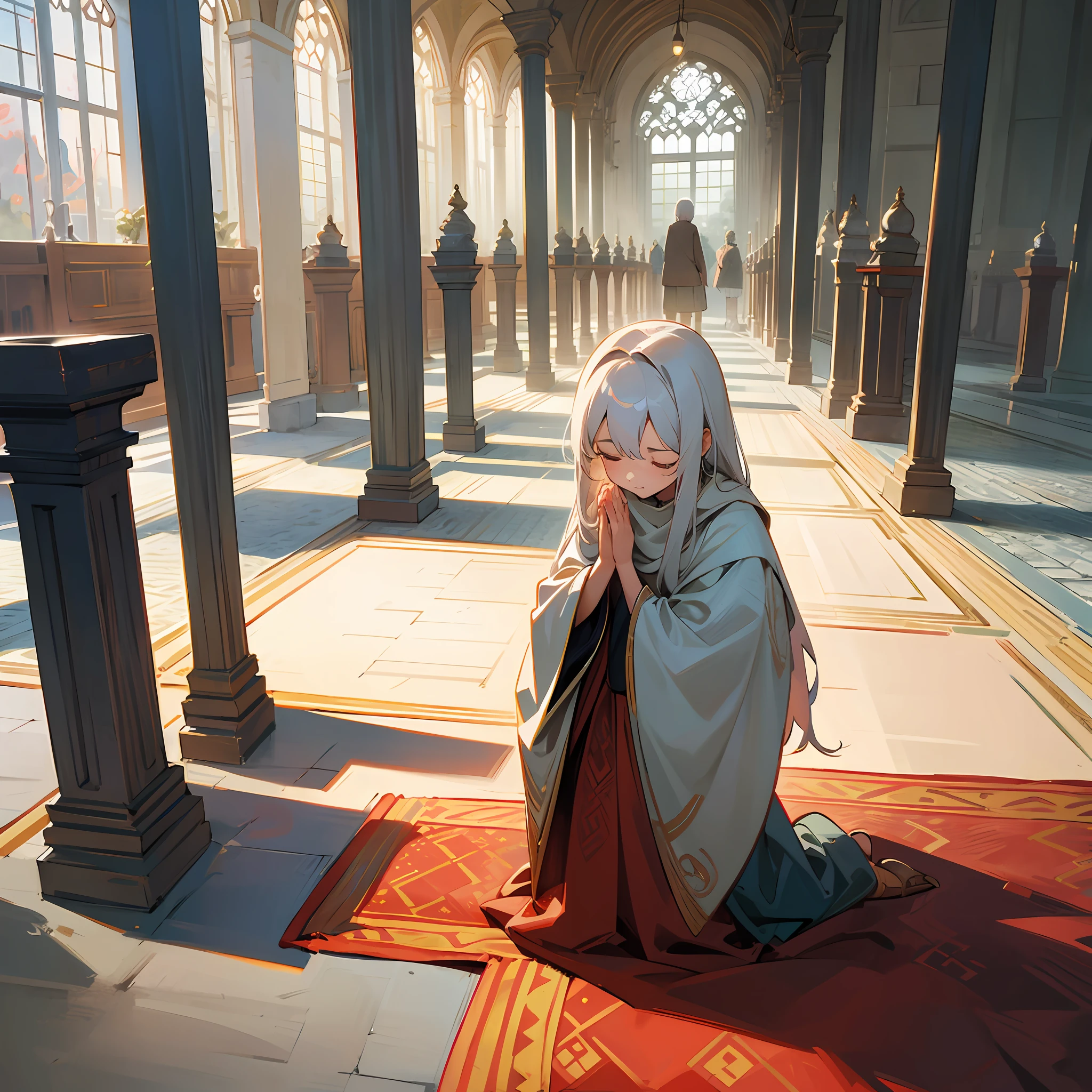 masterpiece,official art,8k, masterpiece, best quality, highly detailed, rows and rows of people:1.2, kneeling:1.2, facing same direction, heads looking down:1.2, organisation:1, patterned carpet floor, dim prayer hall with pillars, walls covered with cloth, aged windows, wooden benches at sides: 0.8 , elderly people:0.8, children:0.8, people kneeling in homes:0.8, on stone floors:0.8,by beds:0.8, outdoors:0.8,kneeling on dirt ground:0.8 , folded hands:0.8,closed eyes:0.8, expressions of sincerity and devotion