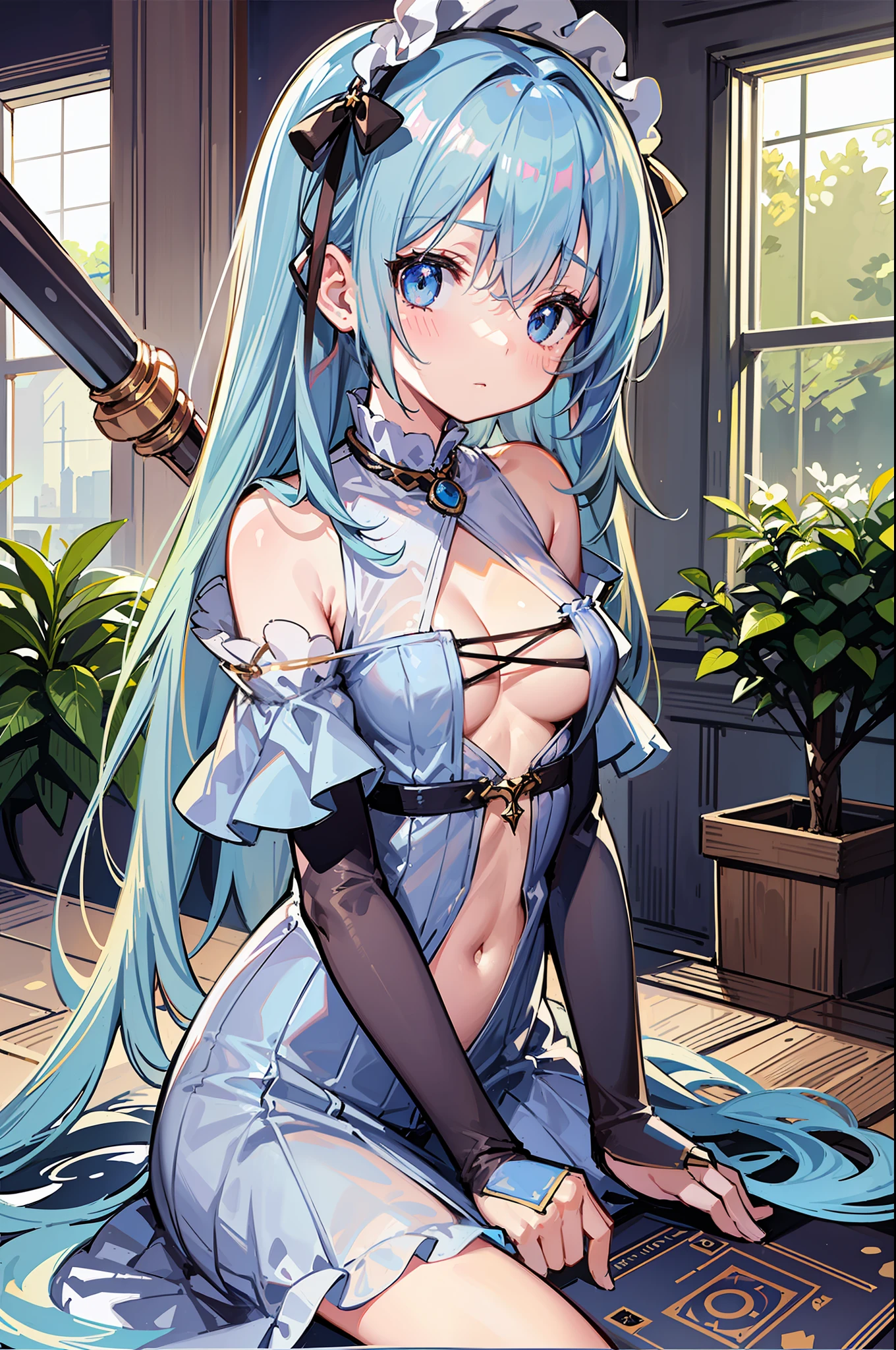 (MASTERPIECE), (Best Quality), (Ultra Detail), Official Art, One Girl, Lori with Pale Light Blue Hair, Petite , Loli, Blue Silver See-Through Dress, Sleeveless, Off Shoulder, Small, Small, Small, Underboob, Cleavage, Thigh Focus, Navel Out, Card Illustration, Sacred Fountain