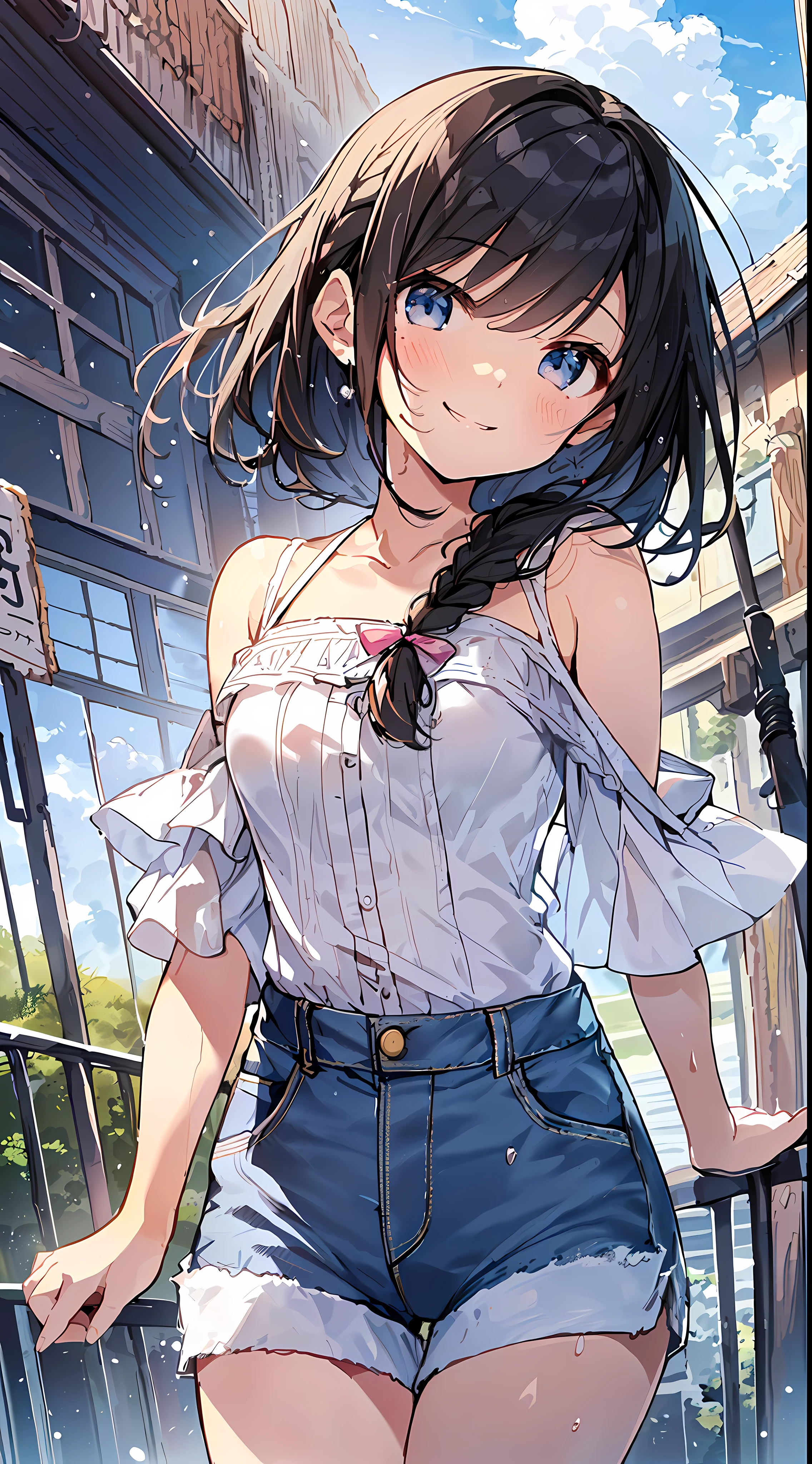 Top Quality, Masterpiece, Ultra High Definition, 8K, Summer Sky, Early Summer, (((Shirt Dress, Denim Shorts, Sandals), Shojo Manga Style Loli, One, Soft Line Art, Digital Enhancement, Shojo Manga Touch, Shojo Manga Core, Flowing Fabric, Close Up, (Hair length and short braid to the shoulders)), wet hair, staring at us from the front, soft drawing, Beautiful black hair, clear eyes, ((teasing smile)), ultra-detailed digital anime art, clear face depiction, ultra-detailed shojo manga character art, ultra-detailed manga style, top quality colors, hand gestures, landscape with nature, looking up at the sky, angle that can see up to your feet