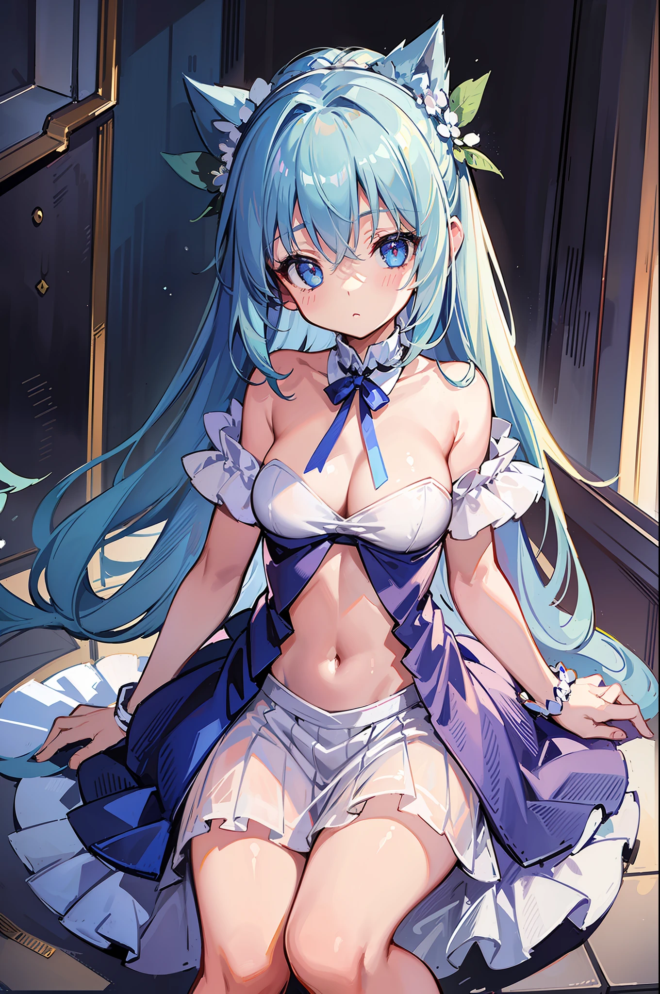 (MASTERPIECE), (Best Quality), (Ultra Detail), Official Art, One Girl, Lori with Pale Light Blue Hair, Petite Girl, Loli, Blue and Silver See-Through Dress, Sleeveless, Off Shoulder, Small, Small, Small, Underboob, Cleavage, Thigh Focus, Navel Out, Card Illustration, Sacred Fountain