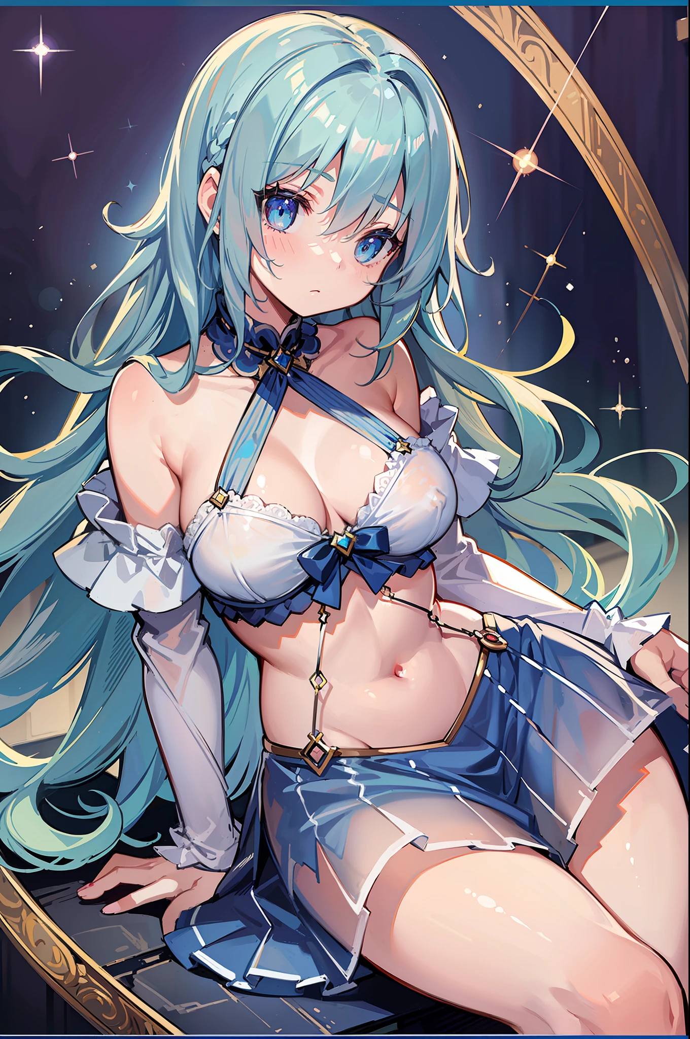 (MASTERPIECE), (Best Quality), (Ultra Detail), Official Art, One Girl, Lori with Pale Light Blue Hair, Petite Girl, Loli, Blue and Silver See-Through Dress, Sleeveless, Off Shoulder, Small, Small, Small, Underboob, Cleavage, Thigh Focus, Navel Out, Card Illustration, Sacred Fountain