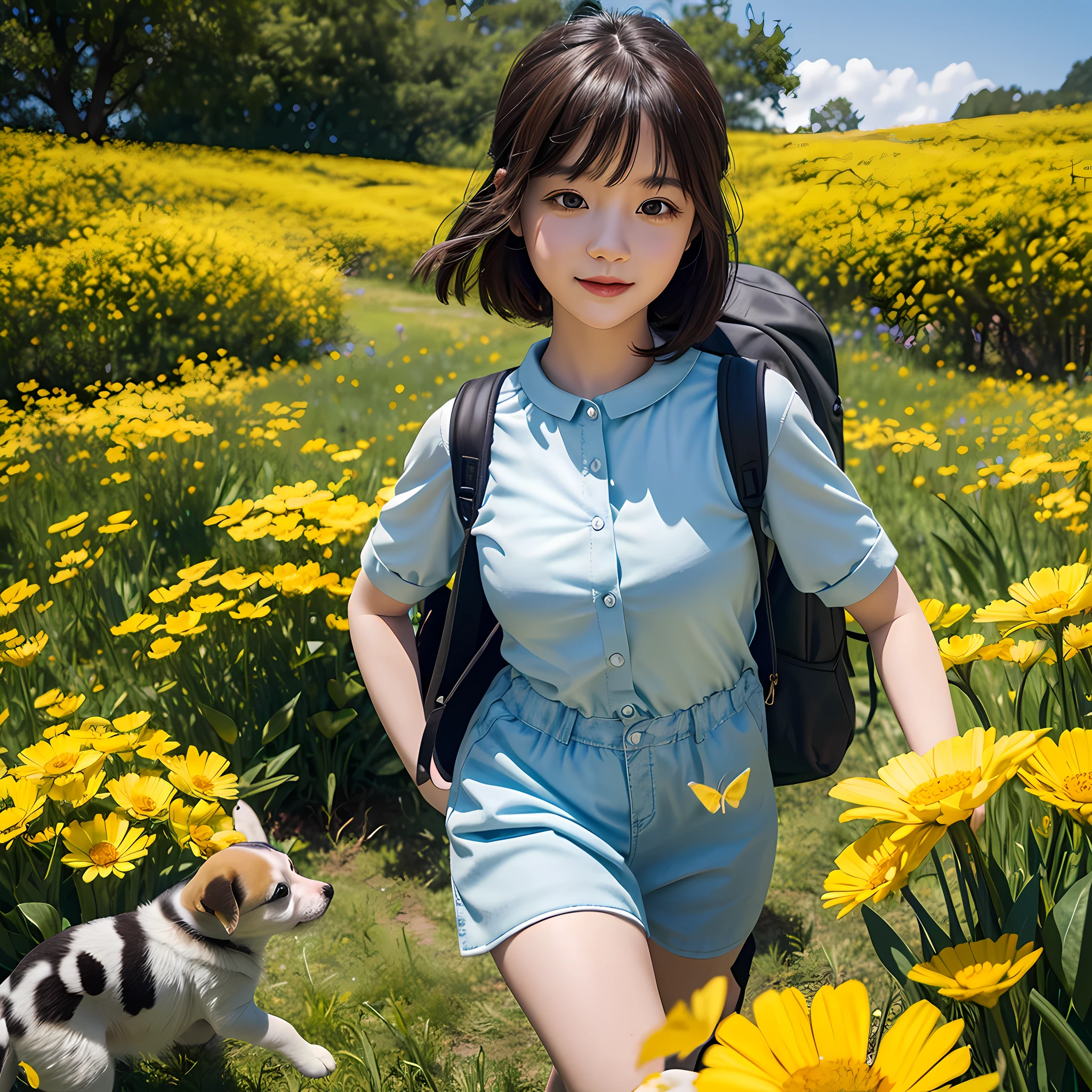 A charming  girl with a backpack is enjoying a cute spring outing surrounded by beautiful yellow flowers and nature with her cute puppy. The illustration is a high-definition illustration in 4k resolution with highly detailed facial features and cartoon-style visuals, (Butterfly Dance)