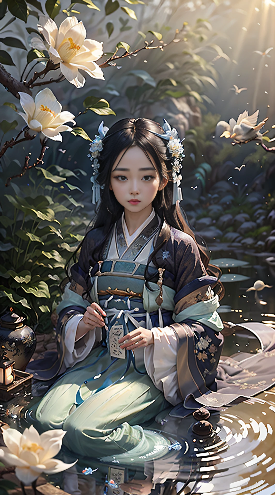 (Fidelity: 1.4), Best Quality, Masterpiece, Ultra High Resolution, Poster, Fantasy Art, Dynamic Lighting, Art Station, Poster, Volumetric Lighting, Very Detailed Faces, 4k Wallpaper, Award-Won, Chinese Style, A Woman, Clear Facial Features, Super Clear Eyes, Super Clear Nose, Super Clear Mouth, Side Face, Quiet, WeChat Emoji, Blue and Blue Hanfu, Tulle Coat, Black Long Hair, Light Blue Fringed Hair Ornament, Hairpin, White Ribbon, White Flower Bush, White Big Flowers, Light Blue Small Flowers, Light Blue Butterfly Flying, Ancient Chinese courtyard, kneeling by the pond, reaching out to play fish, carp in the water, hazy mist, bamboo in the background, small bamboo, birds flying, dramatic composition, movie light effects,