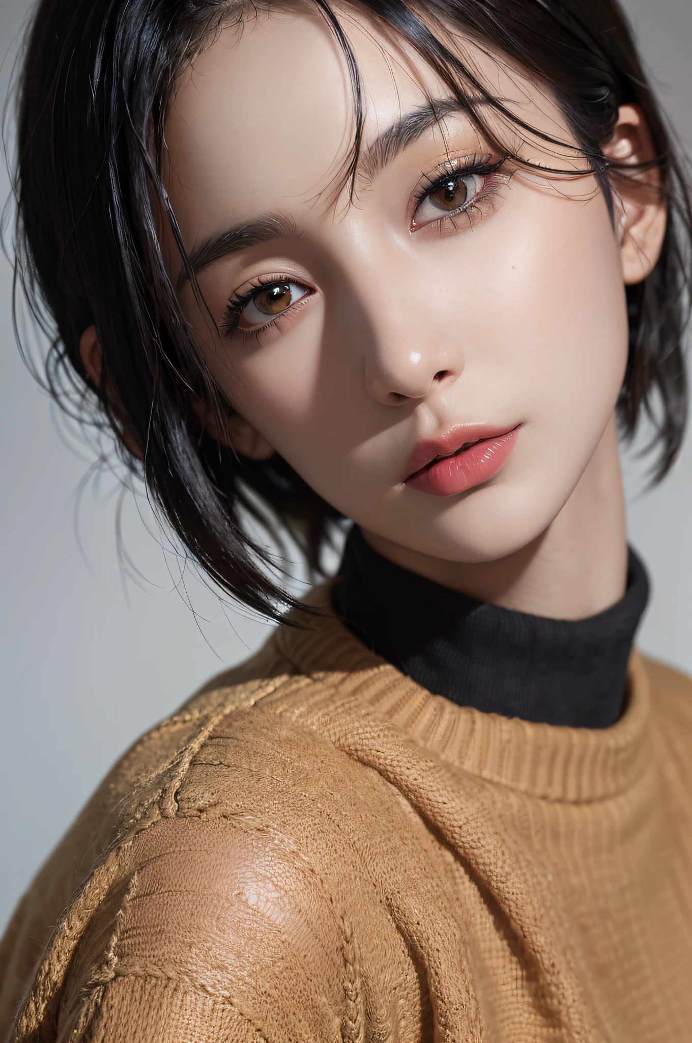 (masterpiece:1.3), (8k, photorealistic, RAW photo, best quality: 1.4), (1girl), beautiful face, (realistic face), (black hair, short hair:1.3), beautiful hairstyle, realistic eyes, beautiful detailed eyes, (realistic skin), beautiful skin, (sweater), absurdres, attractive, ultra high res, ultra realistic, highly detailed, golden ratio