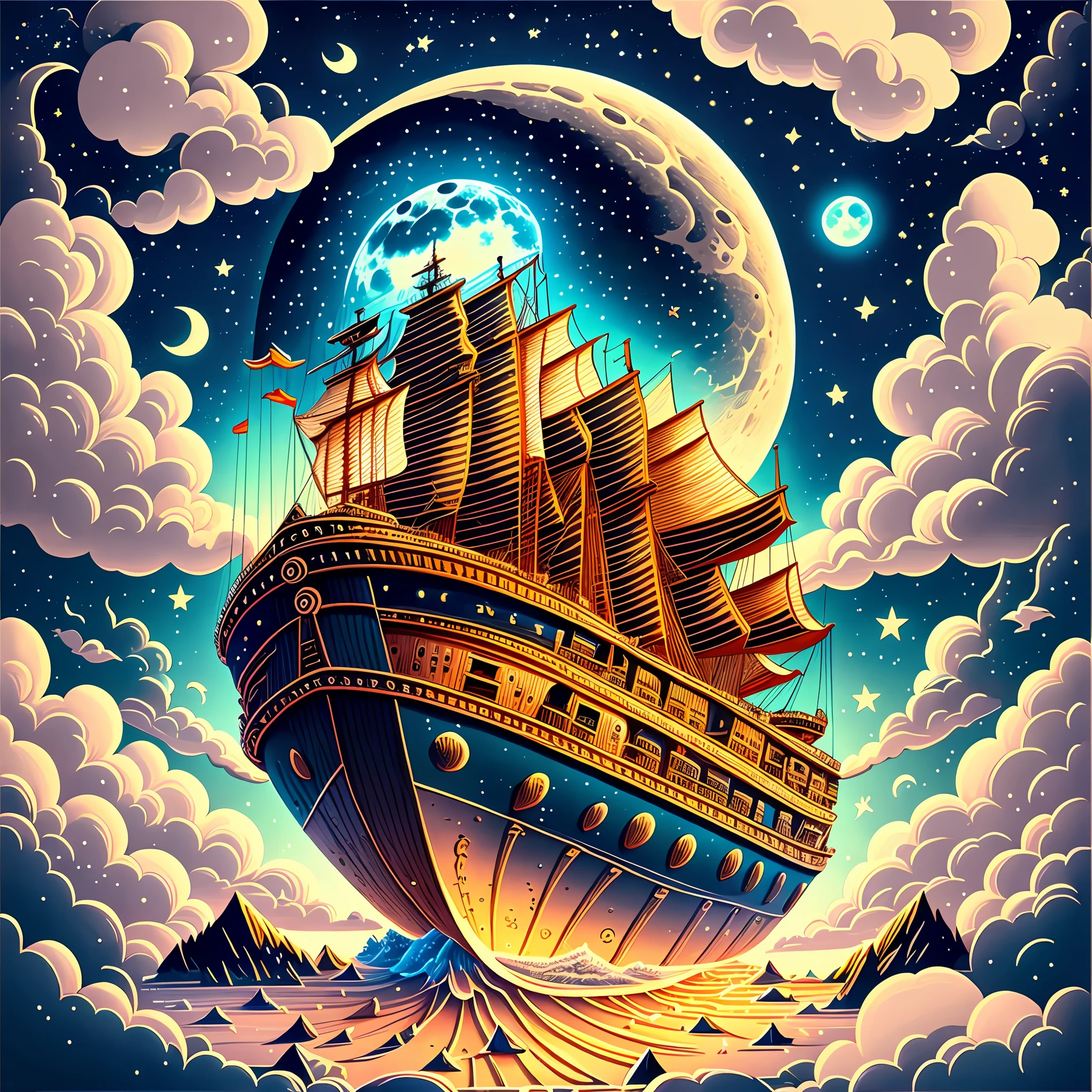 At night, Big ship in the sky There is a big moon inside the boat There are many small animals on the moon Cartoon freehand style 2k high quality --auto --s2