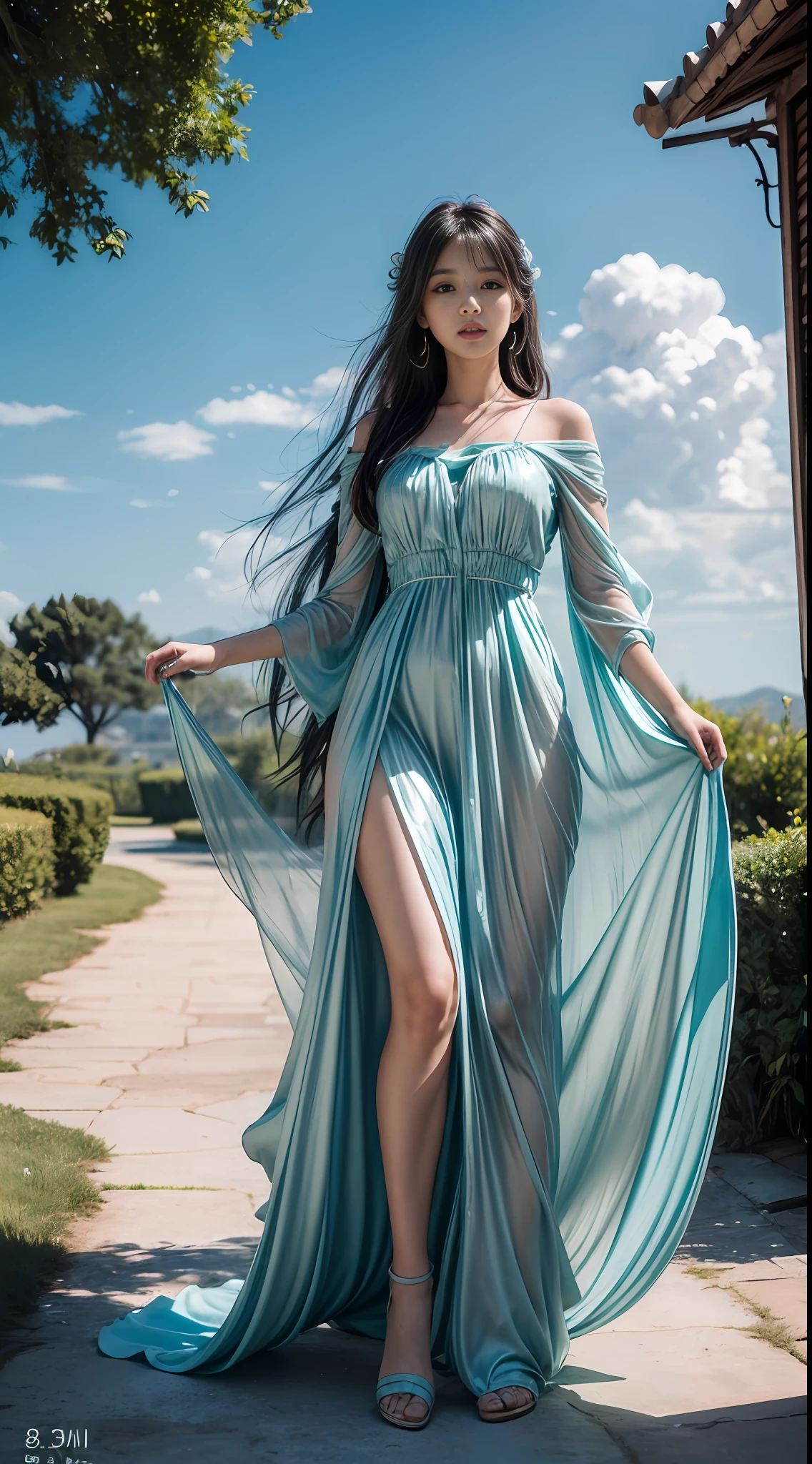 (8k, RAW photo, photorealistic:1.25) ,( lip gloss, eyelashes, glossy side, shiny skin, best quality, ultra high resolution, depth of field, chromatic aberration, caustic, wide light, natural shadow, Kpop idol) ,light pink and light blue style, 1girl, (Sky Witch: 1.5), wearing a dress, tall and thin beauty goddess, flowing dress, flowing dress, cloud goddess, flowing reality fabric, sky doll Noah, flowing aqua green silk, beautiful flowing fabric, stunning young ethereal figure, wearing flowing dress, long flowing fabric, beautiful young woman in reality, flowing fabric, blue sky in the background, (full body: 1.5), yangmi