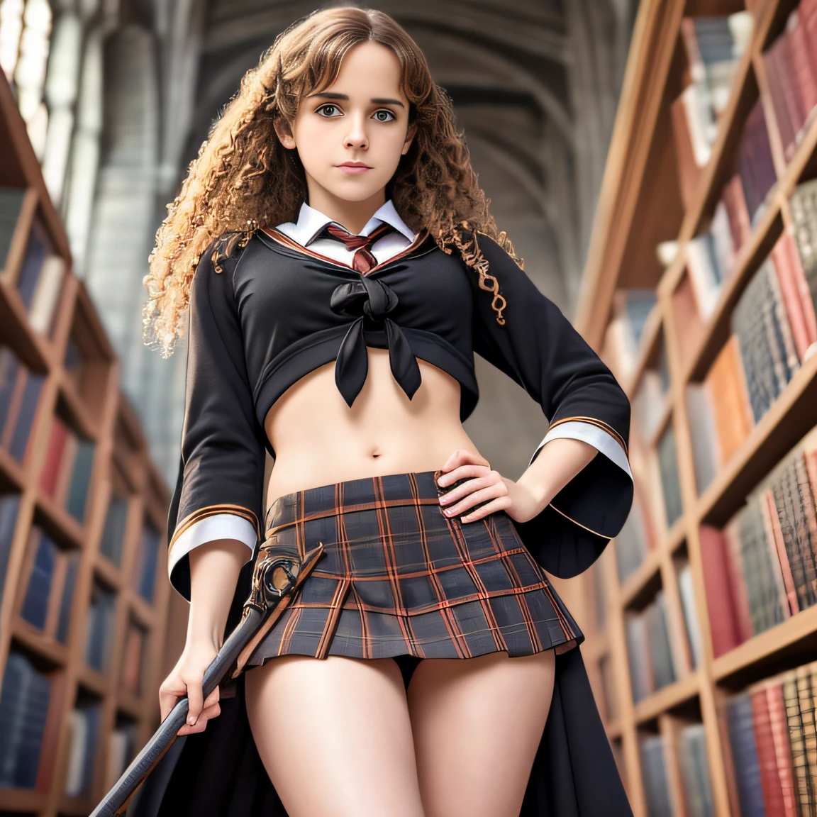 Hermione Granger using a mini skirt, full body, sexy,wearing few clothes, masterpiece, RAW, analog, Nikon Z 85mm, award-winning glamour photograph, high res, photorealistic, real, extremely high-quality RAW photograph, detailed background, intricate, (perfect lighting:1.1), cinematic lighting, emma watson, (CHAR-EmmaWatson:0.7), 1girl, solo, portrait, looking at the viewer, smile, upper body, focus on the face, brown eyes, smile, facing viewer, honks, Gryffindor, black robe, medieval, gothic architecture, dof, necktie, library, --auto --s2